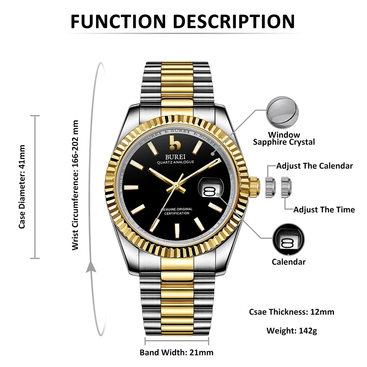 BUREI Herren Uhren Quarz Armbanduhr Datumsanzeige Saphirglas Objektiv mit Zwei Tönen Edelstahlband