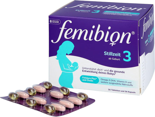 Femibion ​​3 Stillzeit, Tägliches Nahrungsergänzung für die Laktation, Mit Cholin, DHA, Folsäure, Metafolin, 8-Wochen-Pack, 2 x 56 Stück 