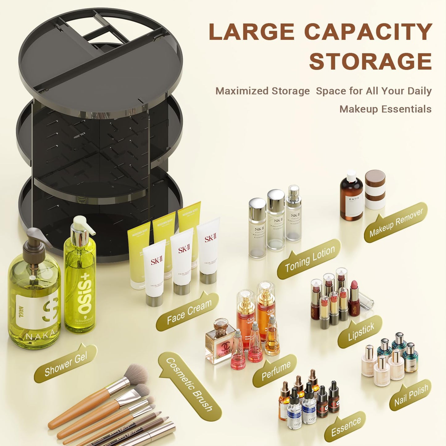 Auxmir Schminktisch Organizer mit 9 einstellbaren Stufen, Make Up Organizer 360° Drehbar, Extra Größer Kosmetik Hautpflege Organisieren 