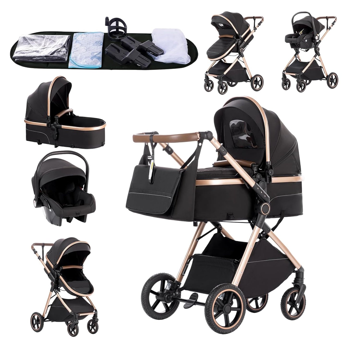 3-in-1 Kinderwagen-Set mit Sitz und faltbarem Babybett, verstellbare Liegeposition, bis 15 kg, 0-3 Jahre 