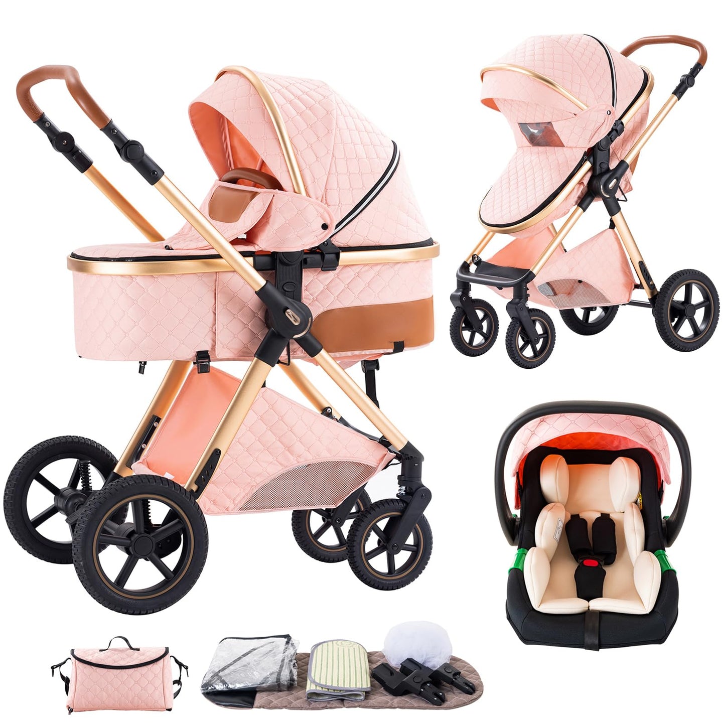 Shineey 3-in-1 Kinderwagen, Buggy, faltbarer Kinderwagen-Satz, Kombi-Kinderwagen 3-in-1 mit großer, komfortabler Babywanne, Gestell aus Aluminiumlegierung 