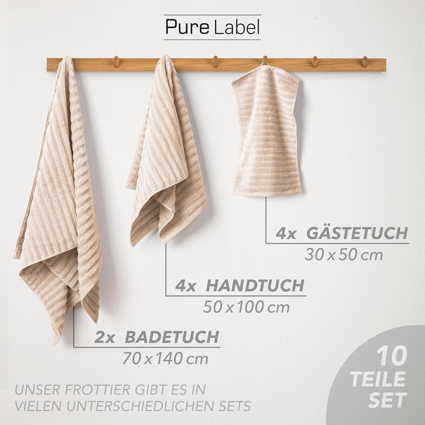 Pure Label 6-teiliges Handtuchset mit Aufhängeschlaufen aus 100 % Baumwolle, saugfähig und weich, 2 x Badetücher (70 x 140 cm), 2 x Handtücher (50 x 100 cm), 2 x Gästetücher (30 x 50 cm), 