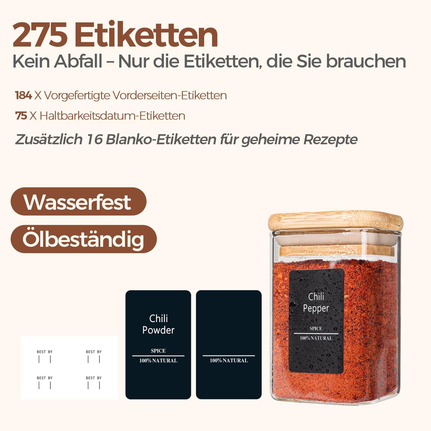 ComSaf Pot a Epices mit Etiketten, Pot Epices Verre Carrés mit Couvercle en Bois 