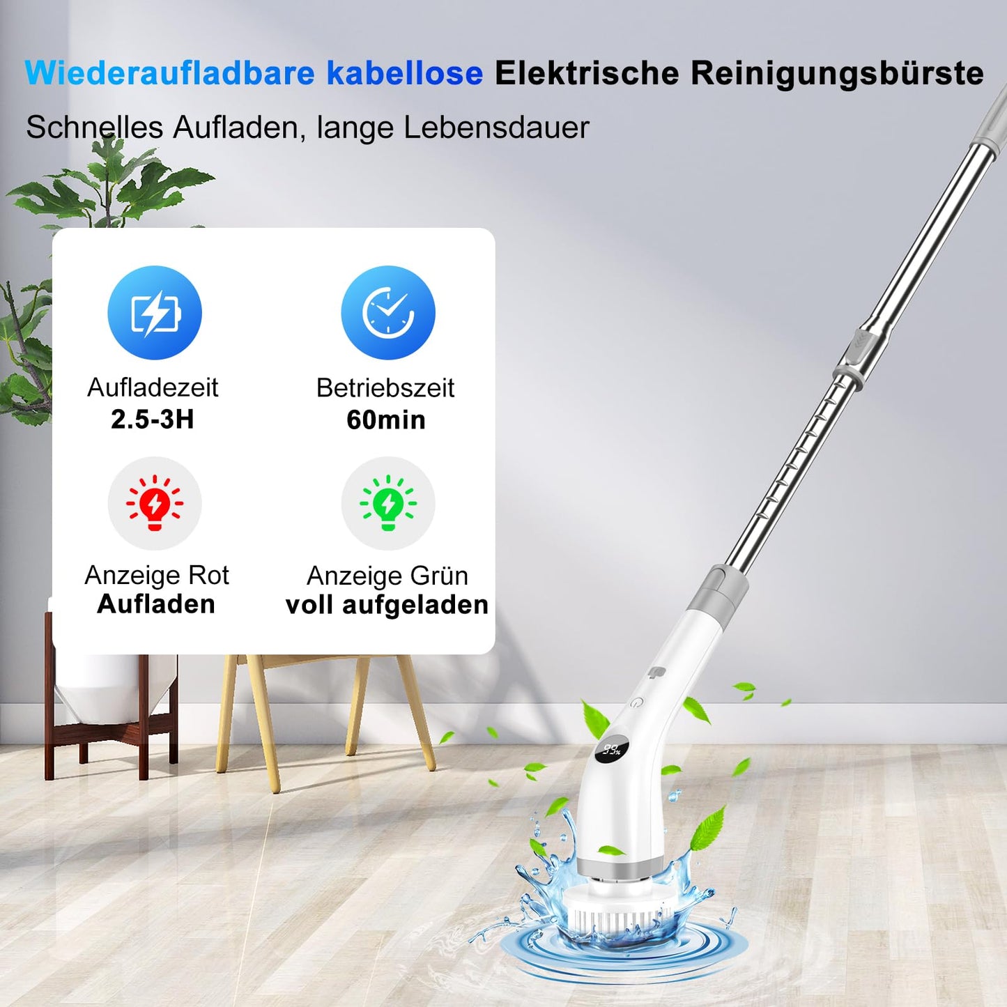 Elektrische Reinigungsbürste, Kabellos Power Spin Scrubber mit 7 Bürstenköpfen, 2-Gang-Integrierte Übertragung, Reinigungsbürste für Fliesen, Duschen, Glas, Bad 
