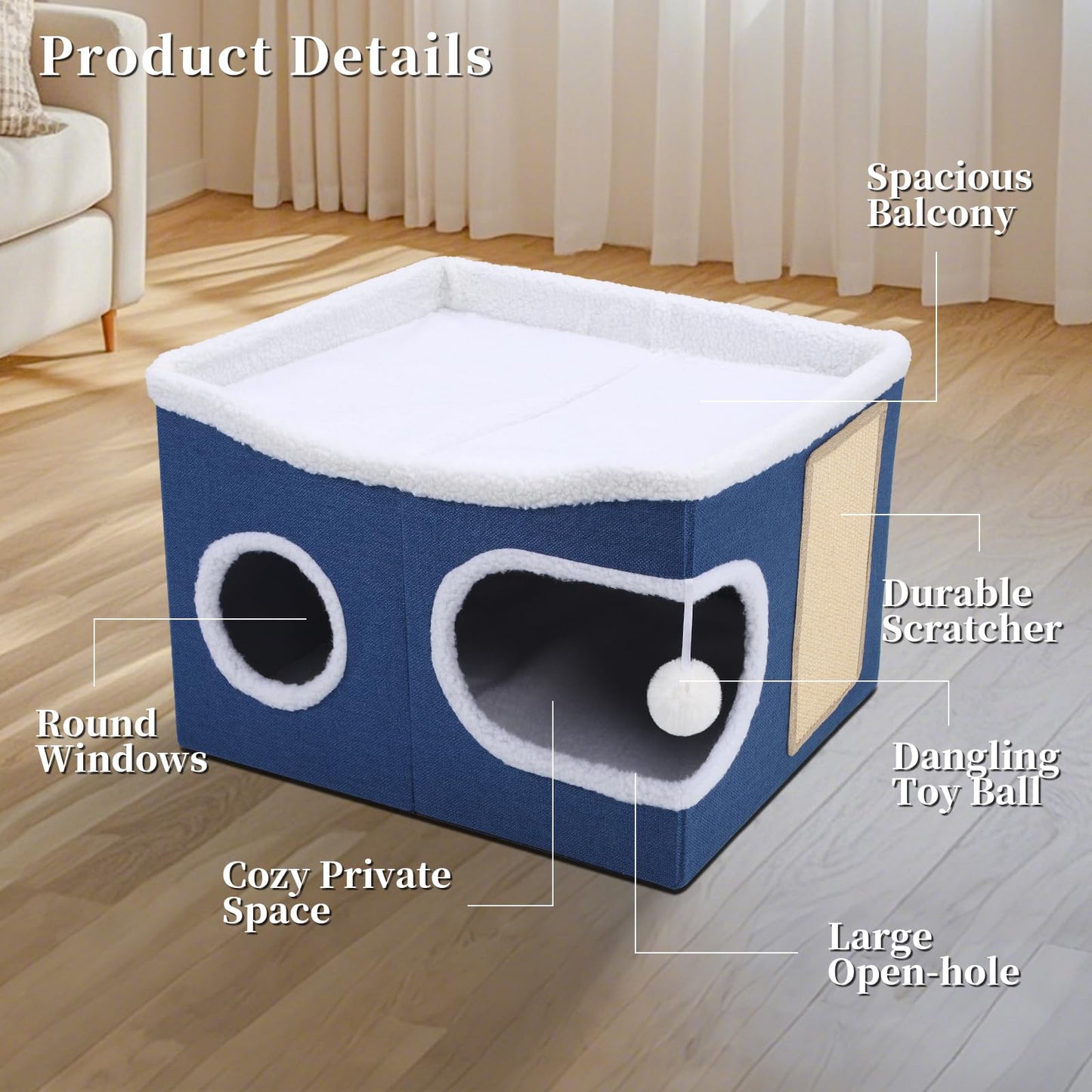 Faltbares Katzenhaus, mit Kratzbrett und Spielball, Katzenhaus Höhle für kleine und mittlere Haustiere 