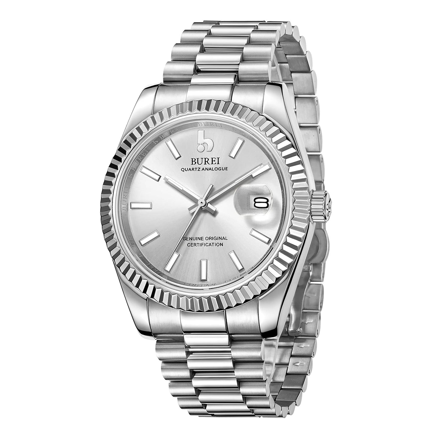 BUREI Herren Uhren Quarz Armbanduhr Datumsanzeige Saphirglas Objektiv mit Zwei Tönen Edelstahlband