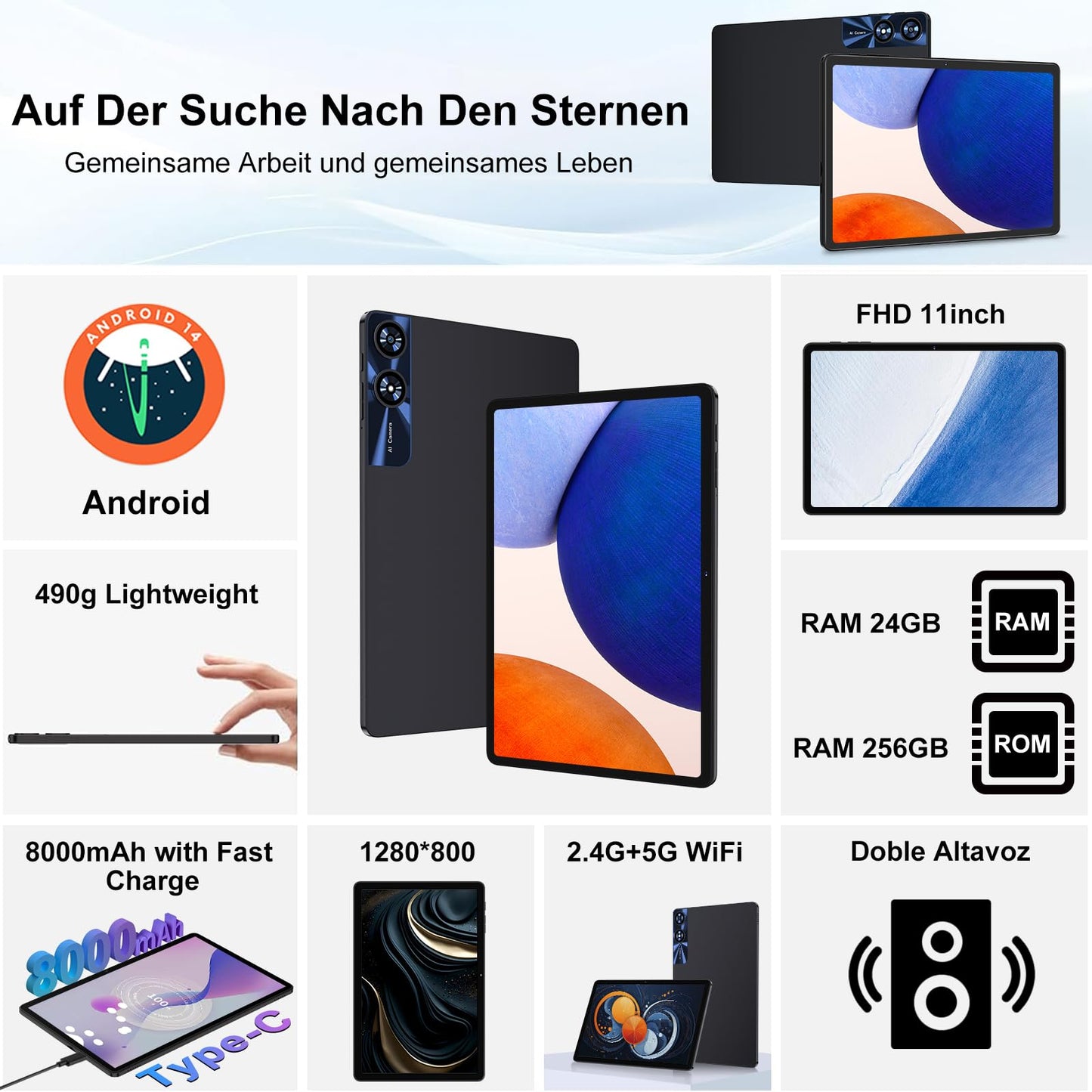 11-Zoll-Android-Tablet mit 24 GB RAM, 256 GB ROM, TF 1 TB, Octa-Core-Prozessor, GMS, 5G, WiFi 6 und Bluetooth 5.0 