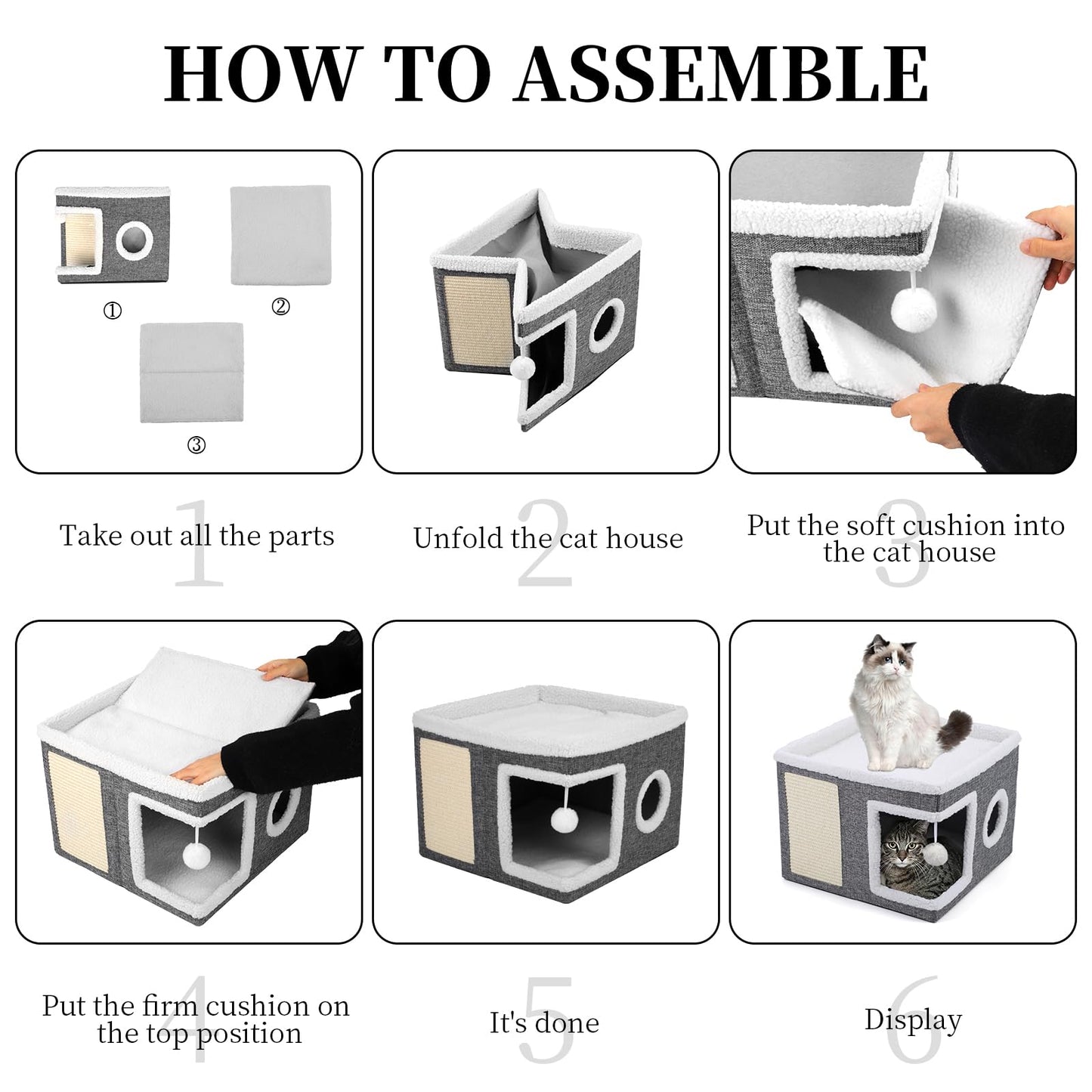 Faltbares Katzenhaus, mit Kratzbrett und Spielball, Katzenhaus Höhle für kleine und mittlere Haustiere 