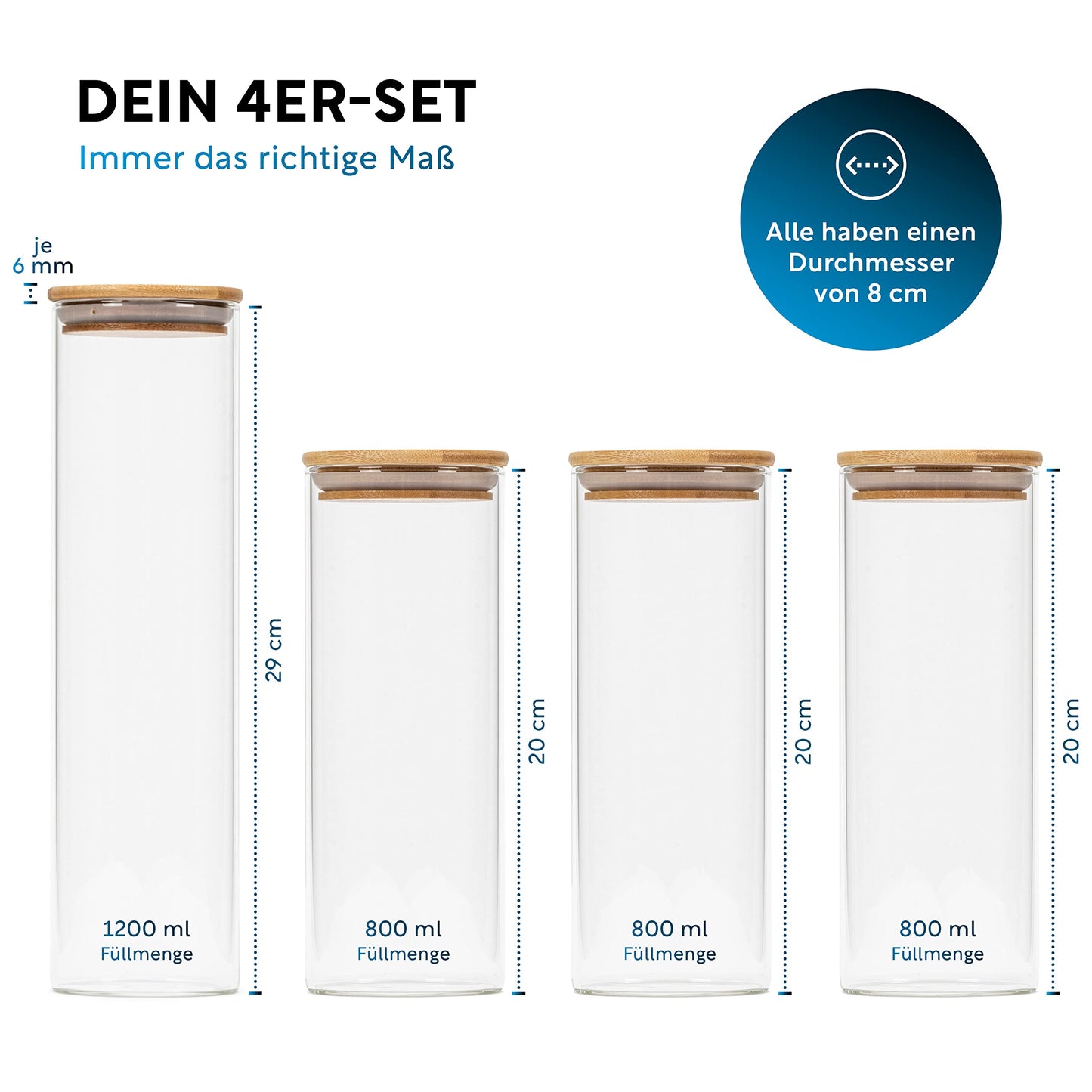 Aufbewahrungsbox Küche für alle Lebensmittel, Küchen Organizer, Vorratsgläser mit Deckel, Eckig - 12er Set, Erhöhte Glasstärke 