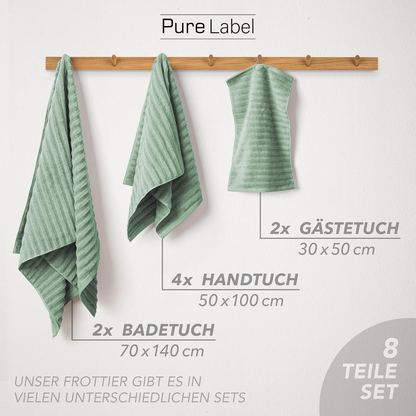 Pure Label 6-teiliges Handtuchset mit Aufhängeschlaufen aus 100 % Baumwolle, saugfähig und weich, 2 x Badetücher (70 x 140 cm), 2 x Handtücher (50 x 100 cm), 2 x Gästetücher (30 x 50 cm), 