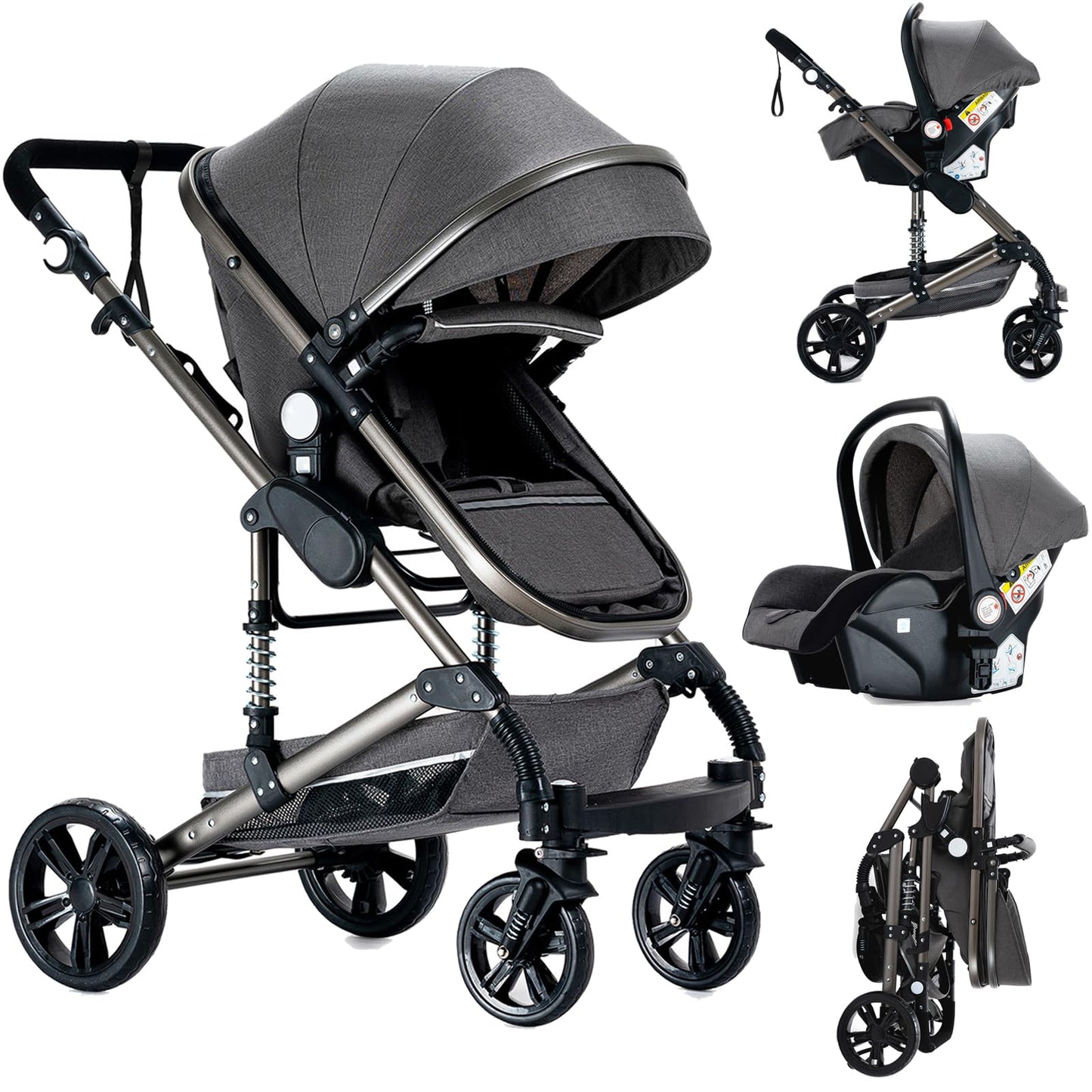 Reenborn 3-in-1 Kinderwagen, Buggy mit zwei umkehrbaren Schiebemodi, Kinderwagen mit Gestell aus Aluminiumlegierung, Babywagen, 3-in-1 Komplettset mit Ein-Klick-Faltmechanismus 