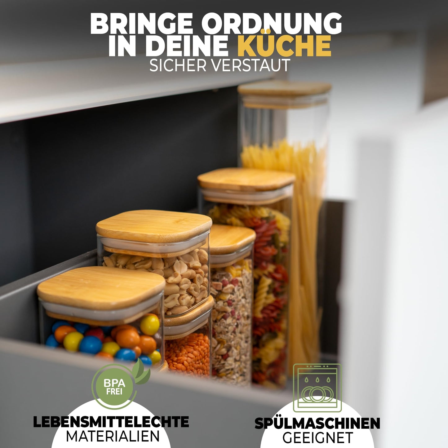 Aufbewahrungsbox Küche für alle Lebensmittel, Küchen Organizer, Vorratsgläser mit Deckel, Eckig - 12er Set, Erhöhte Glasstärke 