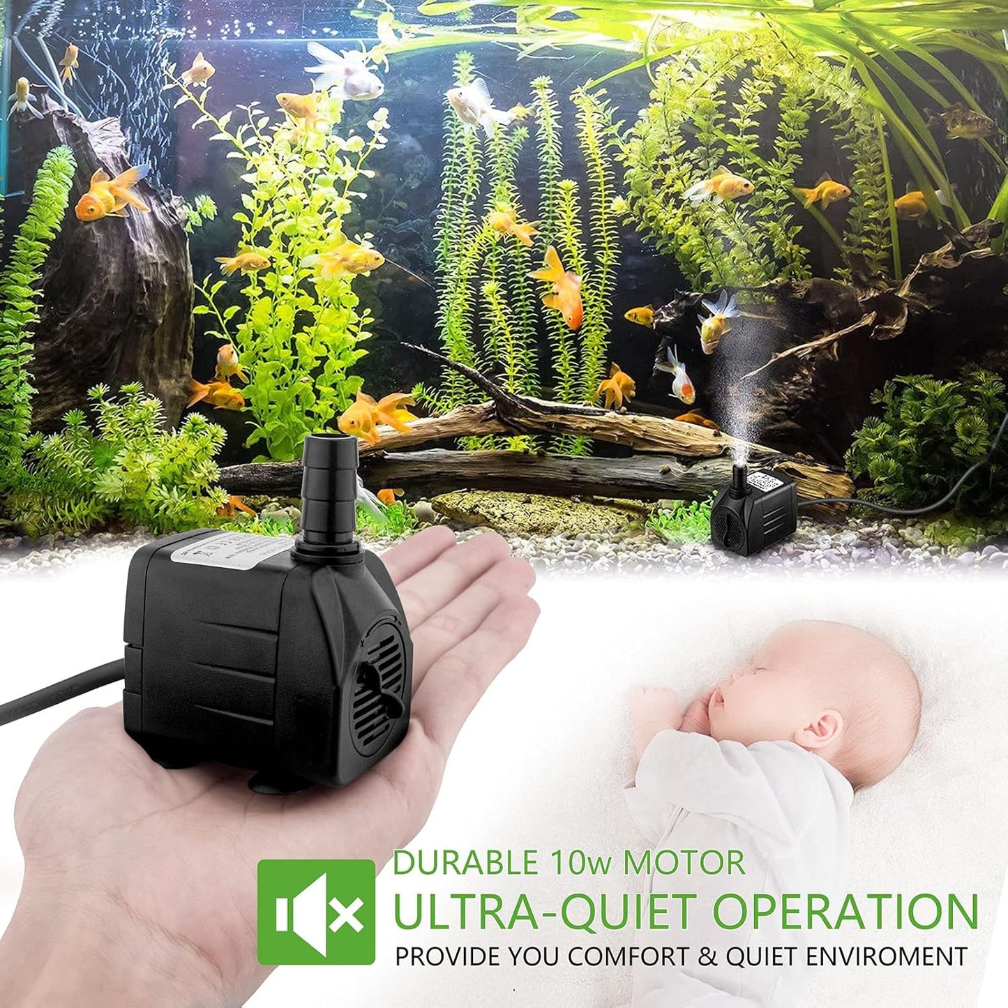 Mini Wasserpumpen, Ultra Leise Aquariumpumpe mit hohem Hub, 2 Düsen für Aquarien 