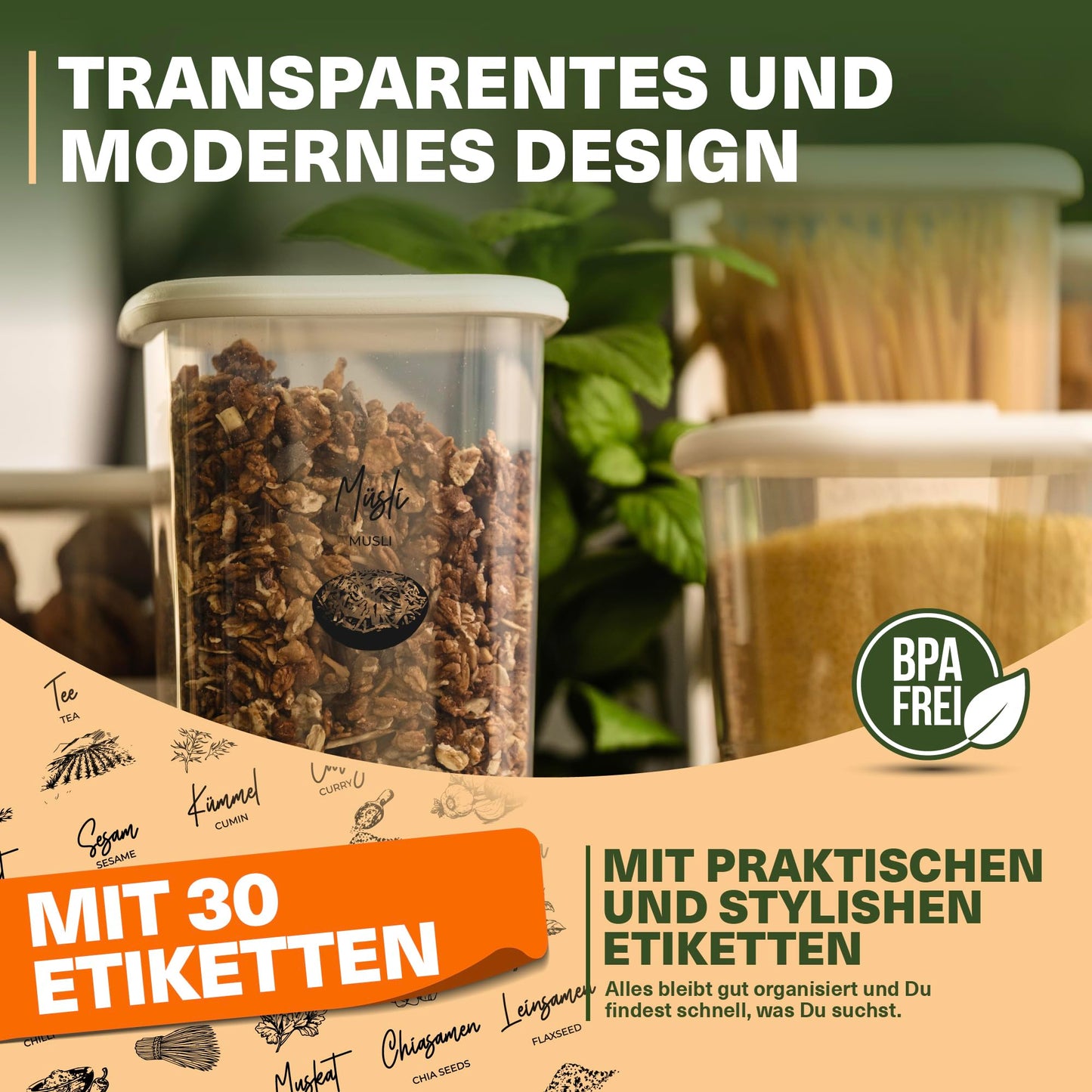 Lebensmittelaufbewahrungsbehälter, Vorratsdosen mit luftdichtem Deckel, praktischer Organizer für die Küche 