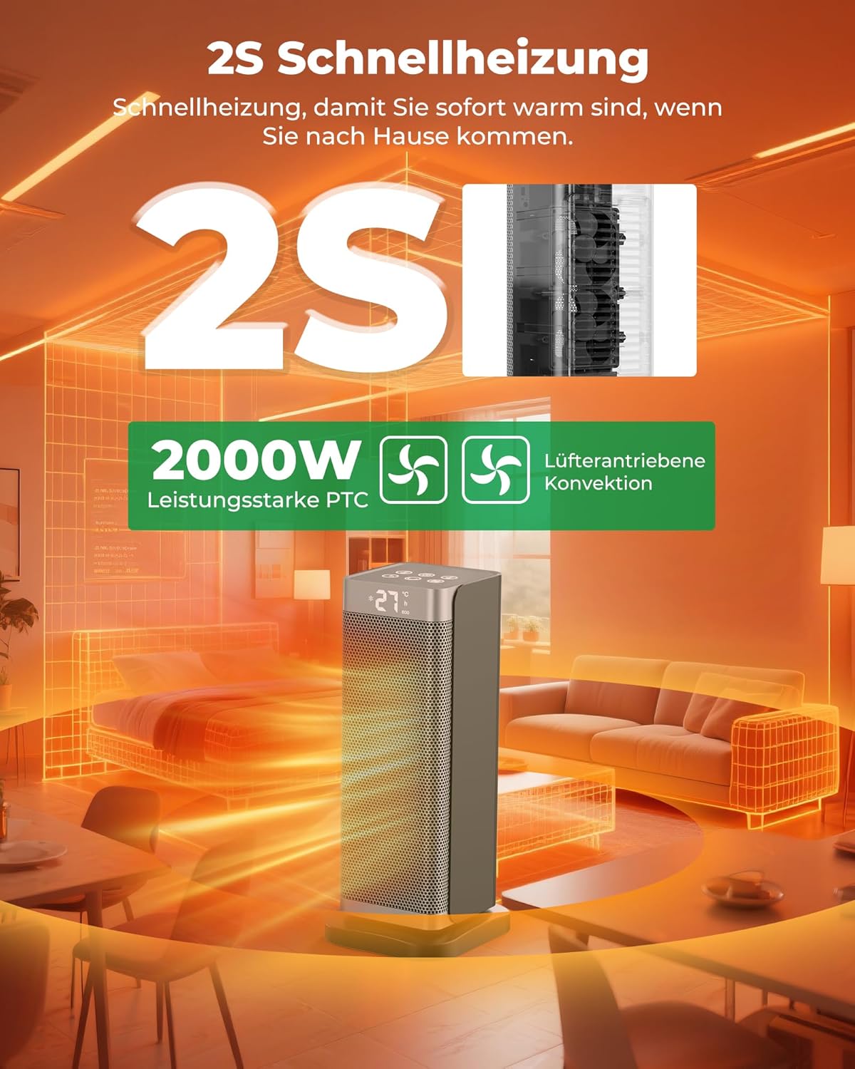 Heizung mit ECO Modus - Keramik Heizlüfter mit Fernbedienung und 3 Modi 