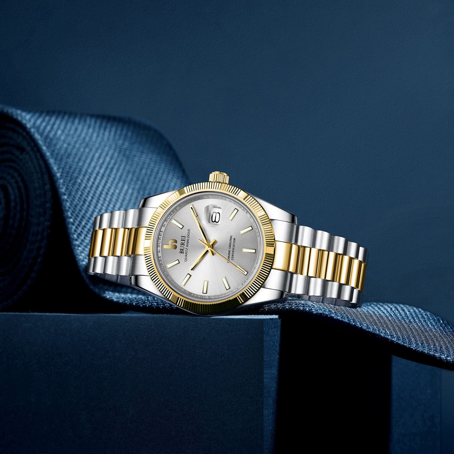 BUREI Herren Uhren Quarz Armbanduhr Datumsanzeige Saphirglas Objektiv mit Zwei Tönen Edelstahlband