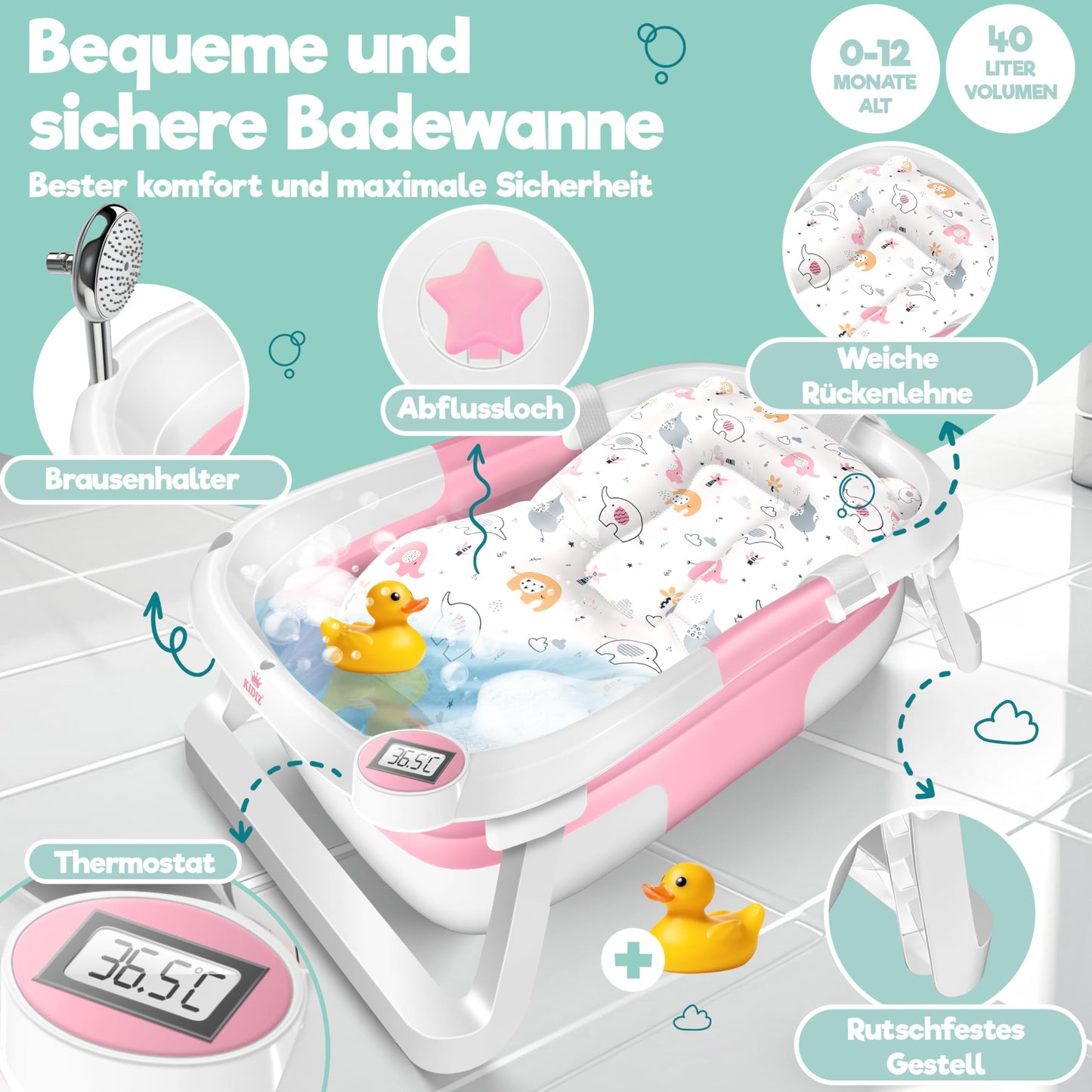 Babybadewanne | Babywanne platzsparend &amp; faltbar mit Thermostat &amp; Kissen 