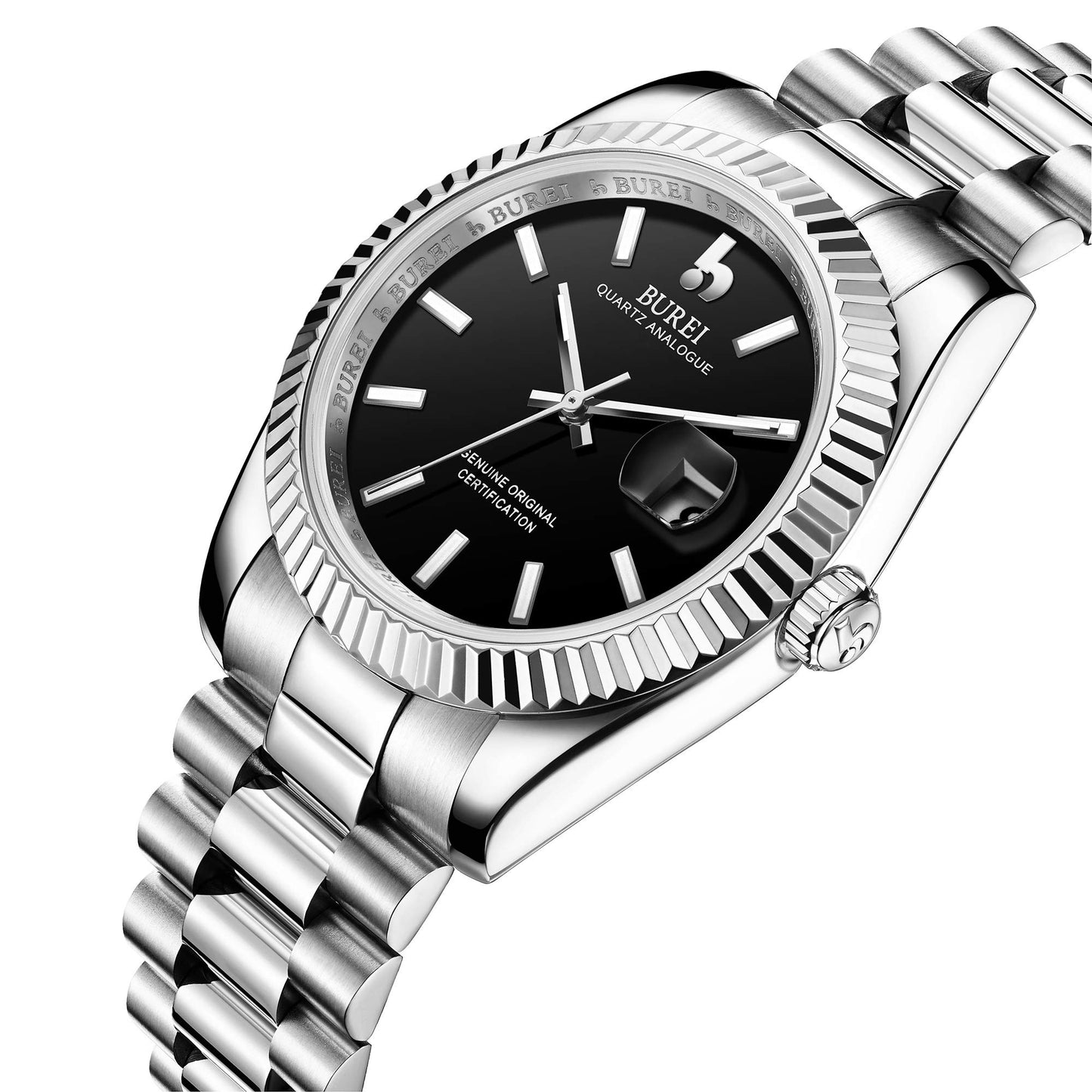 BUREI Herren Uhren Quarz Armbanduhr Datumsanzeige Saphirglas Objektiv mit Zwei Tönen Edelstahlband