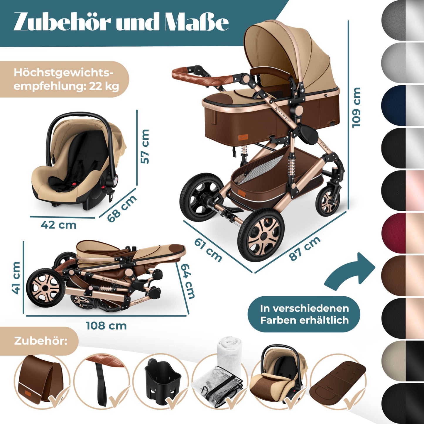 Kesser® Loops 3-in-1 Kombi-Kinderwagen, Komplettset inklusive Babywanne, Buggy-Sportsitz und Babyschale, Vollgummireifen 