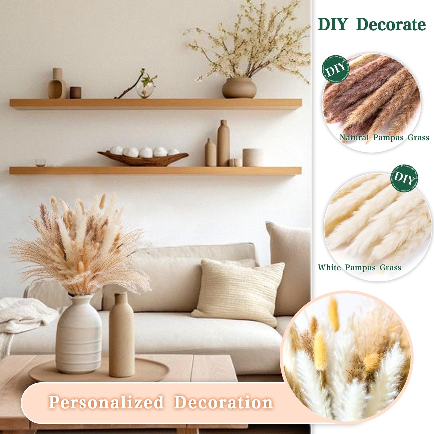 Pampasgras Getrocknet - Natürlich, Braun, Trockenblumen Strauß Dried Flowers, für Heim Decor 