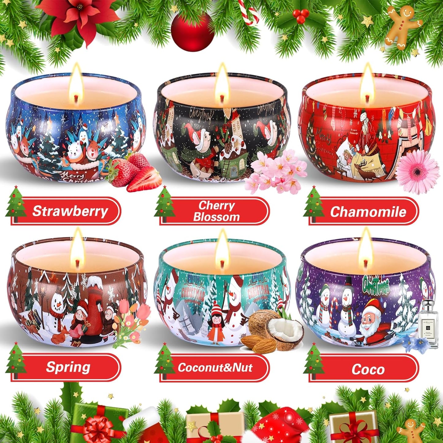 Duftkerzen als Geschenk für Frauen, weihnachtliche Duftkerzen, 6er-Packung mit natürlichen Sojawachs-Aromakerzen 