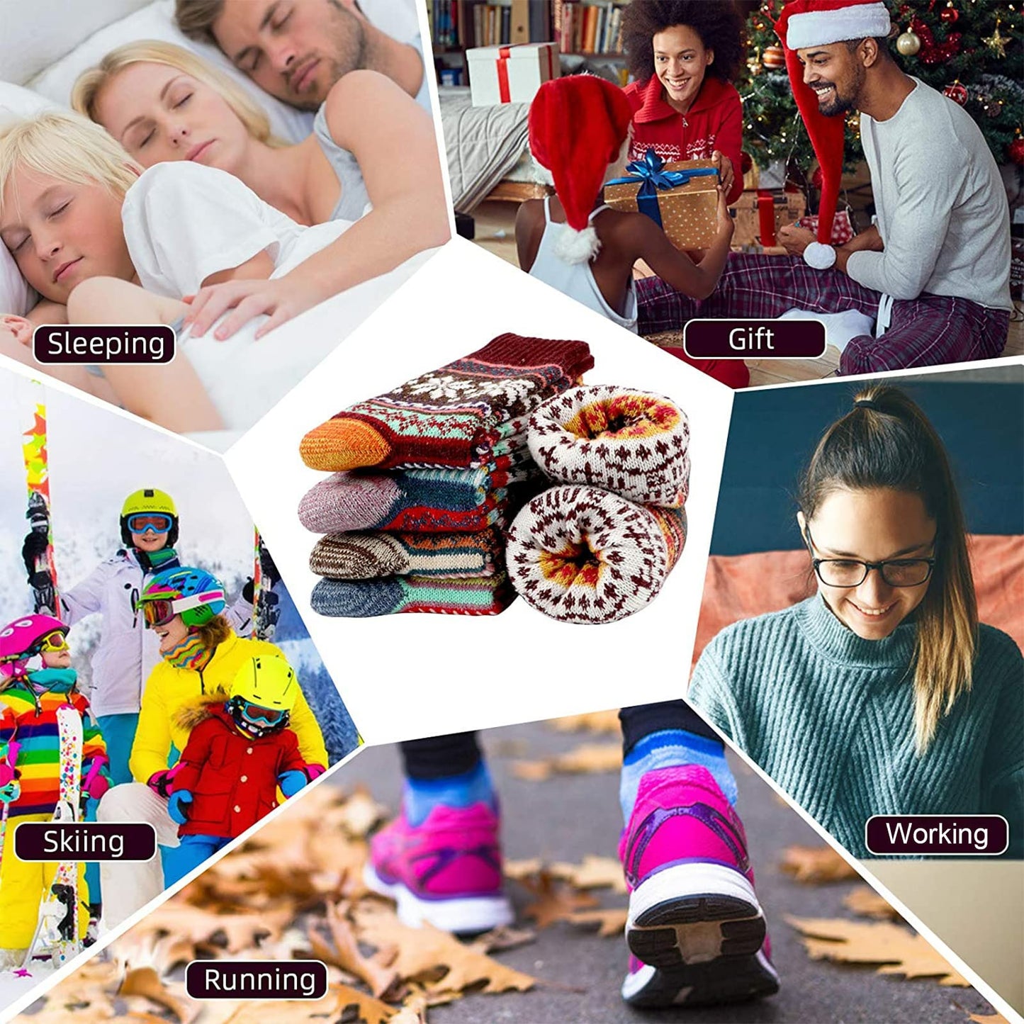 Airabc 5 Paar Damen-Thermosocken, warme Wintersocken, farbenfroh, kuschelig und atmungsaktiv 