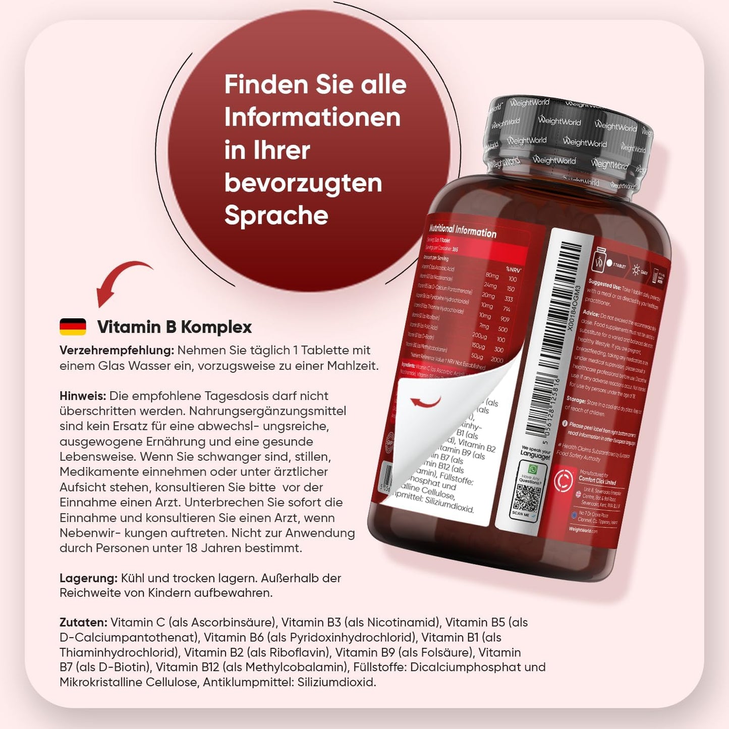 Vitamin-B-Komplex – mit Vitamin C – 365 Tabletten – Alle 8 B-Vitamine (B1, B2, B3, B5, B6, B7, B9, B12) – Jahresvorrat – Nervensystem, Stoffwechsel, geistige Funktion – Niacin, Biotin, Folsäure 