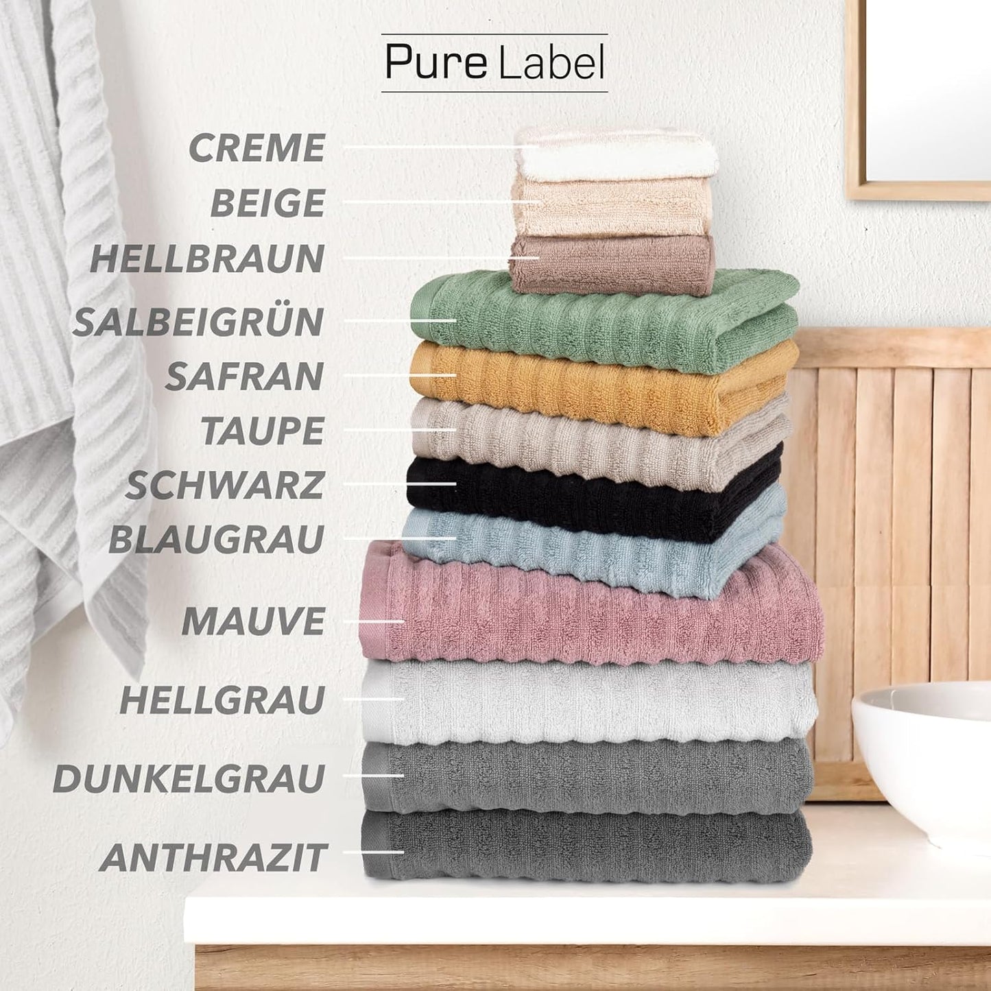 Pure Label 6-teiliges Handtuchset mit Aufhängeschlaufen aus 100 % Baumwolle, saugfähig und weich, 2 x Badetücher (70 x 140 cm), 2 x Handtücher (50 x 100 cm), 2 x Gästetücher (30 x 50 cm), 