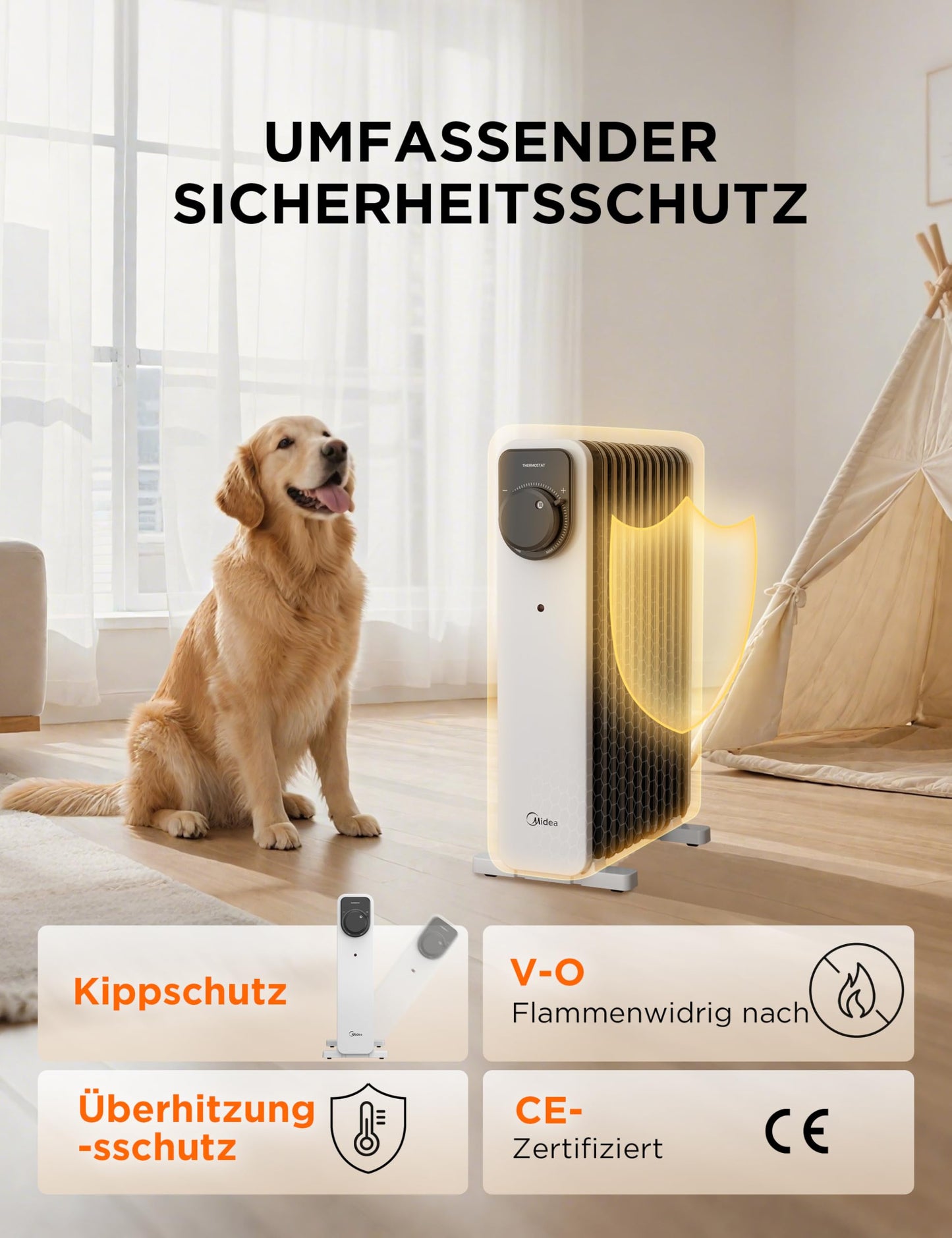 2300W 11 Rippen tragbarer Elektroheizer mit Drehknopfregelung und einstellbarem Thermostat, 3 Heizstufen, Kipp- und Überhitzungsschutz, ultraleicht im Büro &amp; Zuhause