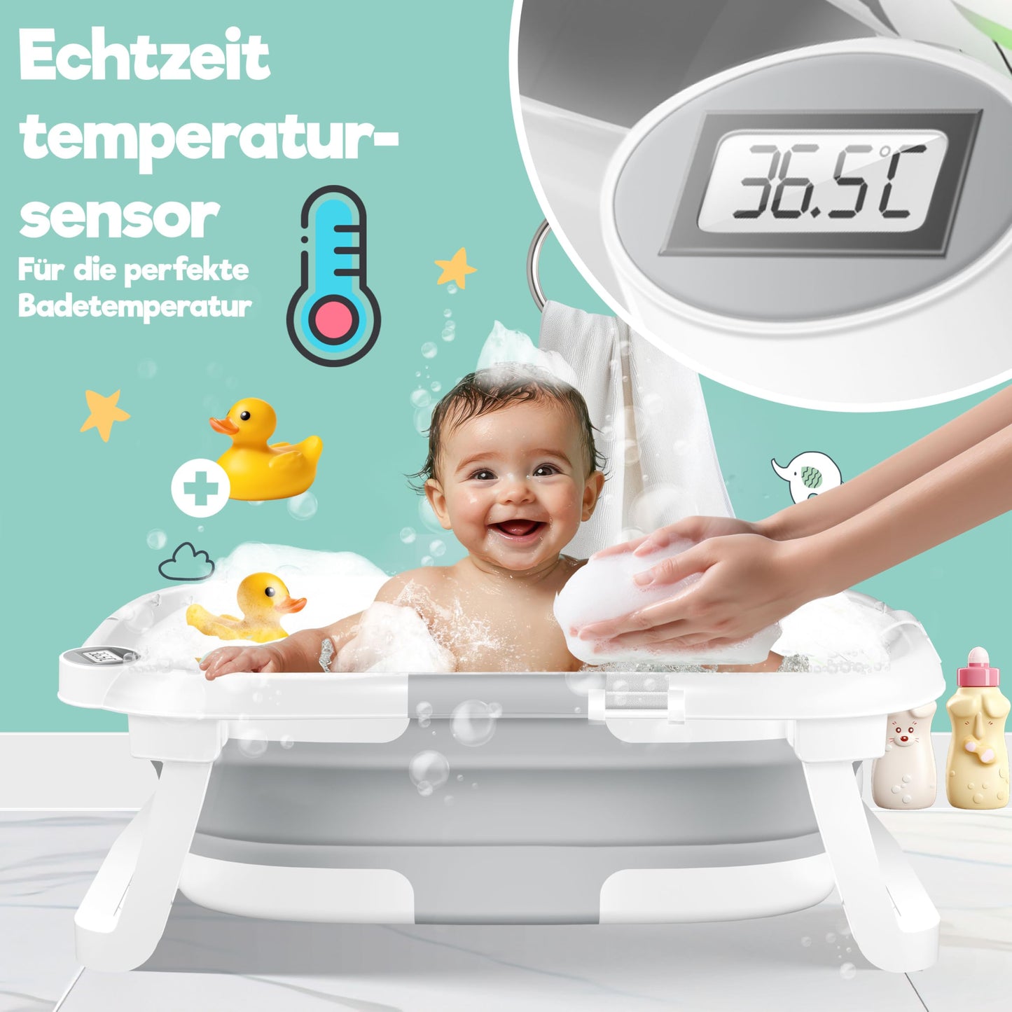 Babybadewanne | Babywanne platzsparend &amp; faltbar mit Thermostat &amp; Kissen 