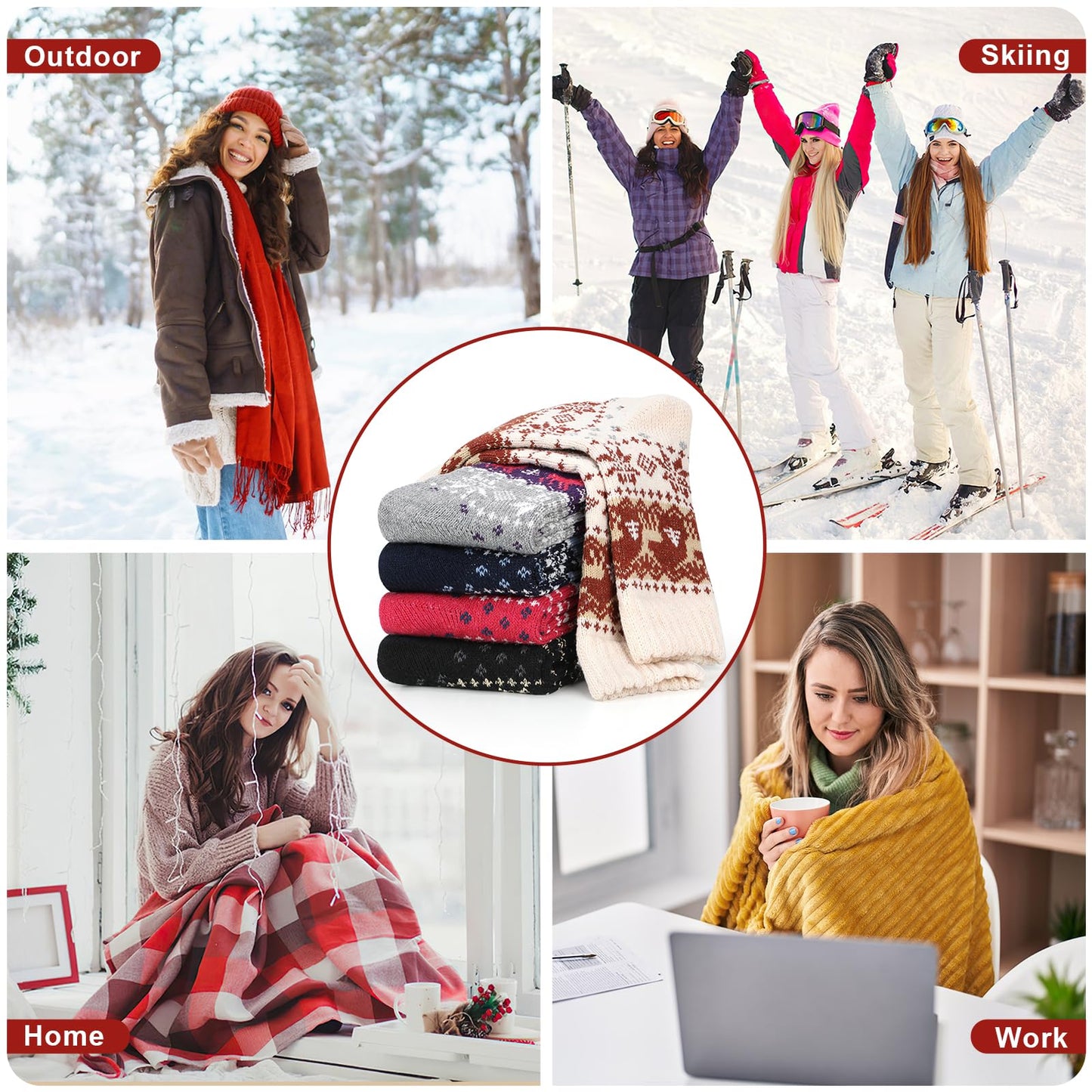 Airabc 5 Paar Damen-Thermosocken, warme Wintersocken, farbenfroh, kuschelig und atmungsaktiv 