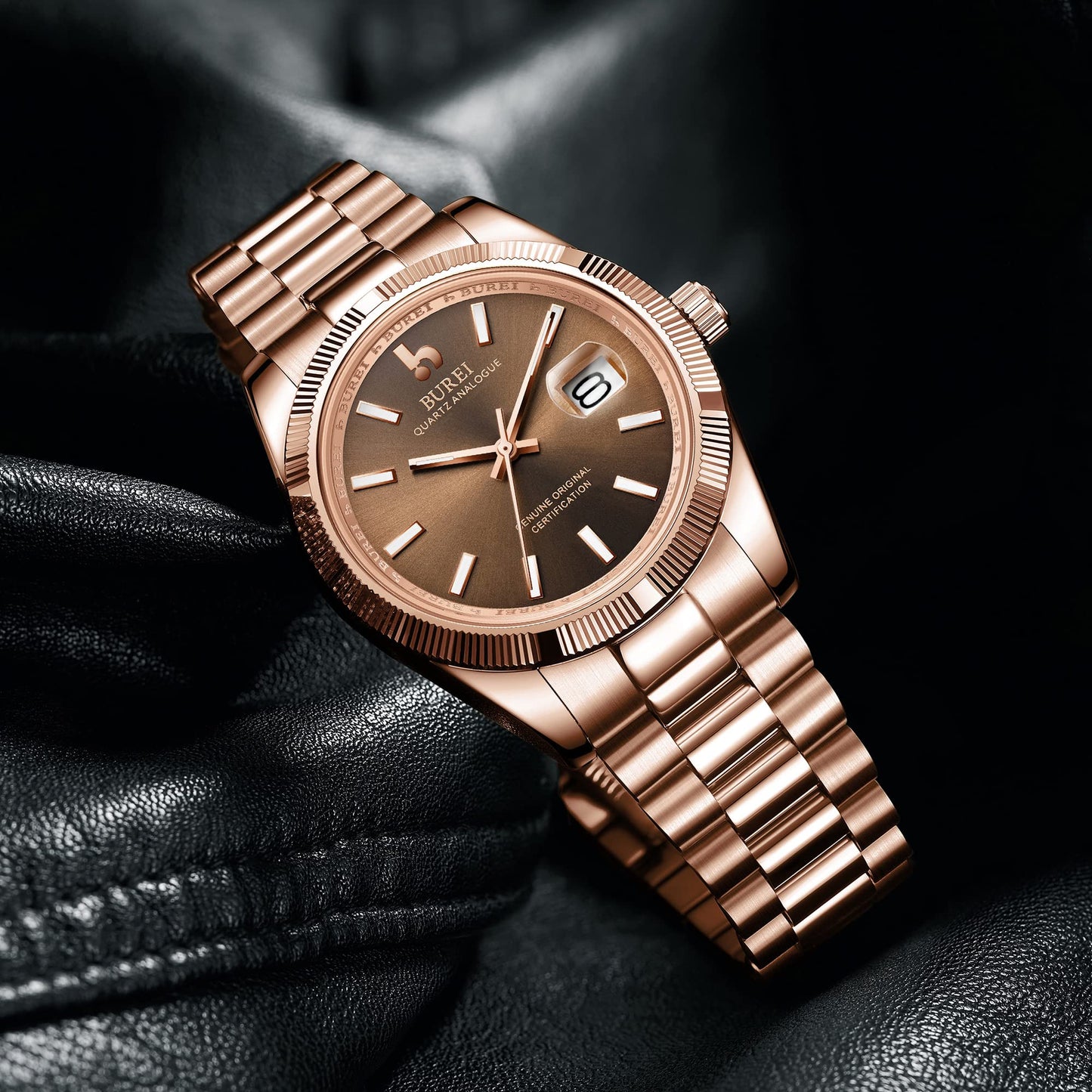 BUREI Herren Uhren Quarz Armbanduhr Datumsanzeige Saphirglas Objektiv mit Zwei Tönen Edelstahlband