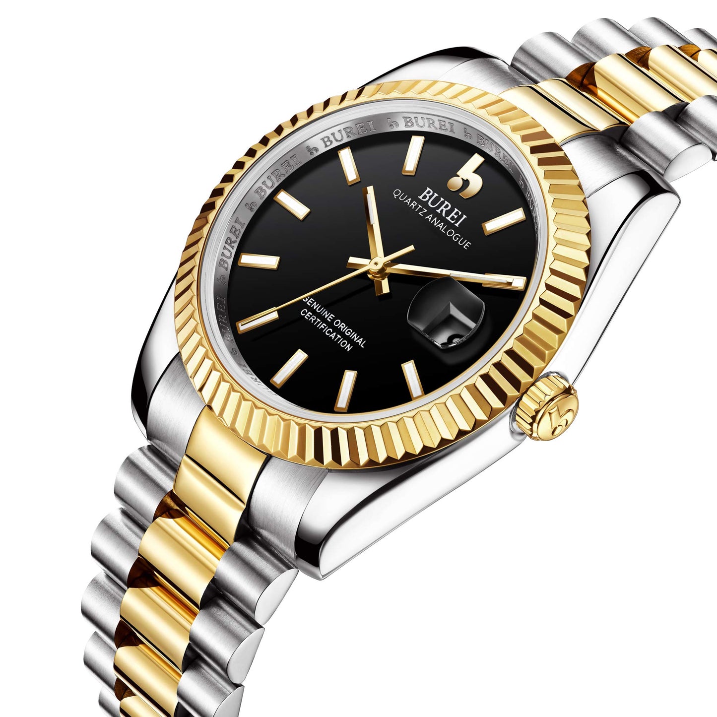 BUREI Herren Uhren Quarz Armbanduhr Datumsanzeige Saphirglas Objektiv mit Zwei Tönen Edelstahlband