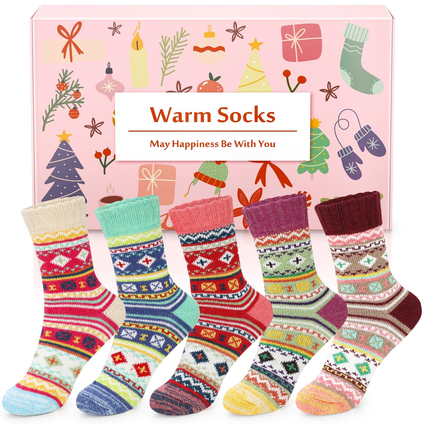 Airabc 5 Paar Damen-Thermosocken, warme Wintersocken, farbenfroh, kuschelig und atmungsaktiv 