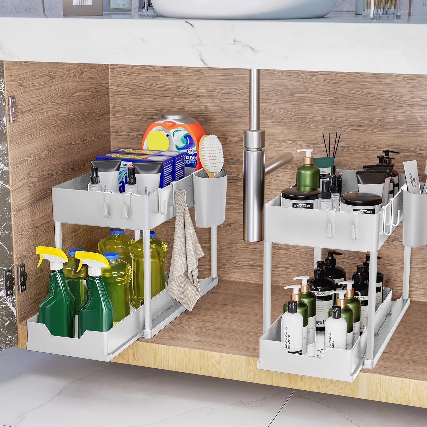 Puricon Unter Waschbecken Regal Spülschrank Organizer, 2 Etagen Standregal Küche Arbeitsplatte Regal Organizer 