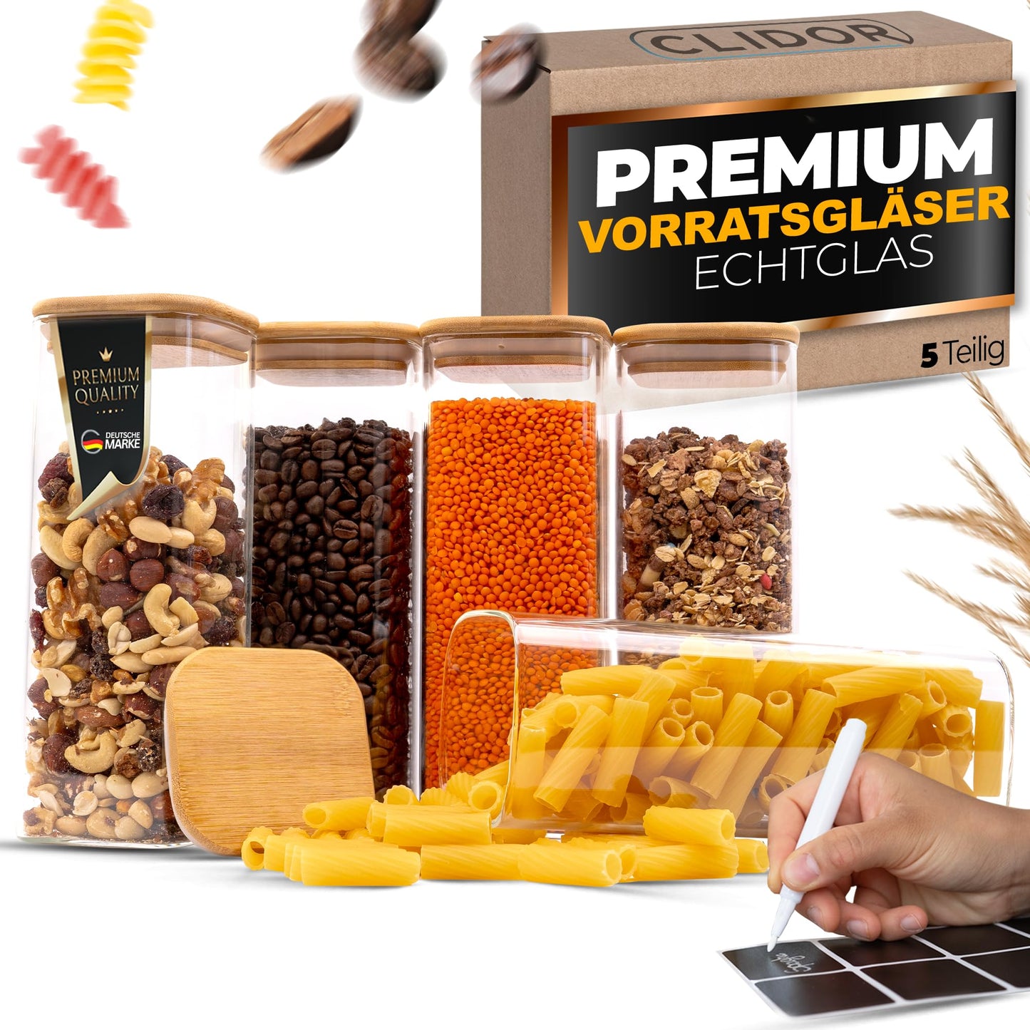 Aufbewahrungsbox Küche für alle Lebensmittel, Küchen Organizer, Vorratsgläser mit Deckel, Eckig - 12er Set, Erhöhte Glasstärke 