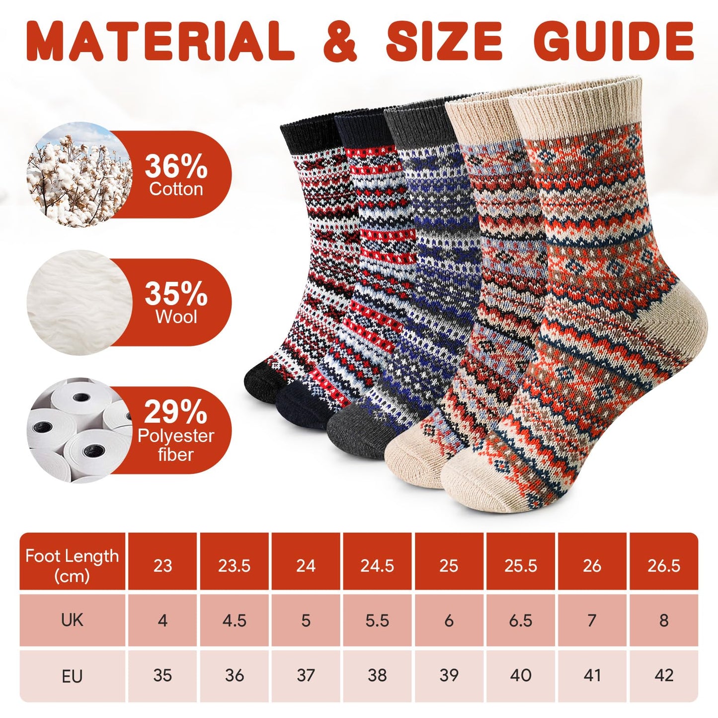 Airabc 5 Paar Damen-Thermosocken, warme Wintersocken, farbenfroh, kuschelig und atmungsaktiv 