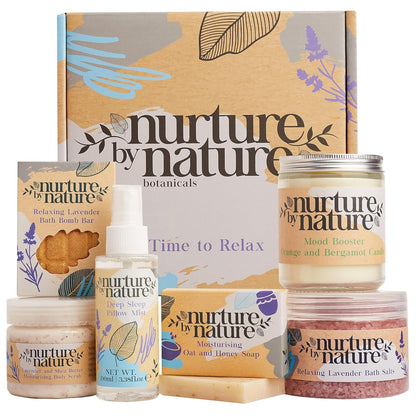 Geschenkset Nurture by Nature Relax Box, Lavender Pillow Mist, Bath Salts, Bath Bomb, Candle and More, Wellness
