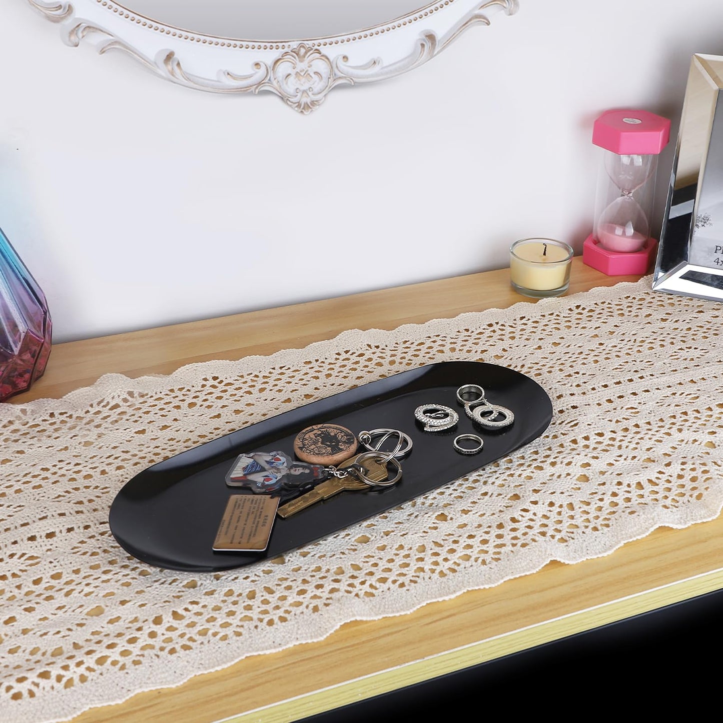 EXLECO 2 Badzimmer Deko Tablett Gold Servierplatte Mini Bad Dekotablett Edelstahl Serviertablett Schmuckschale Kerzentablett Oval Ablageschale für Schmuck Kerzen 