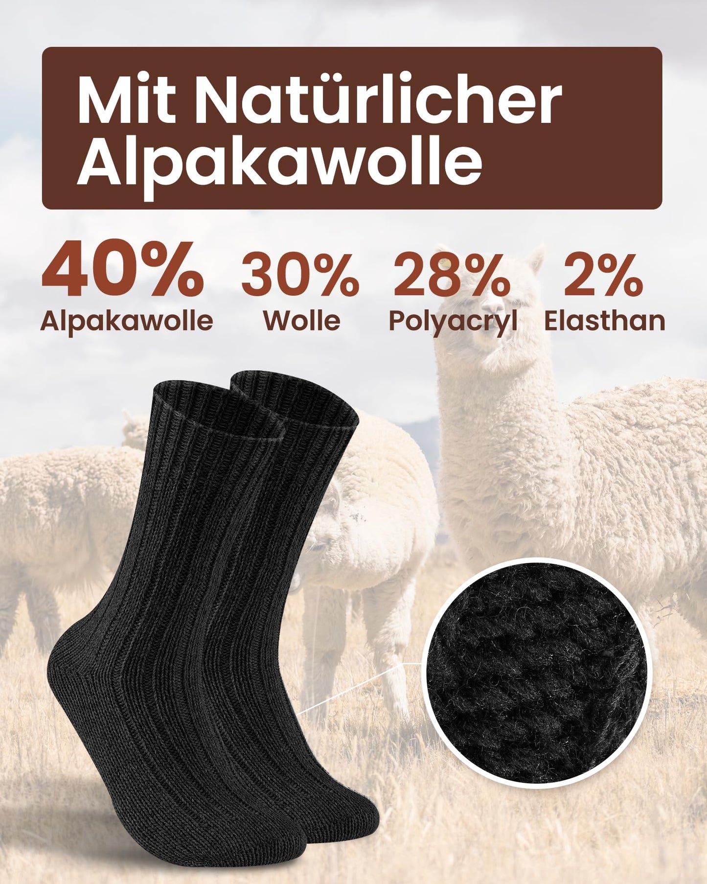 4 Paar Alpaka Socken für Herren Damen, atmungsative Thermosocken Extra Warm, Dicke Wintersocken mit Alpakawolle 