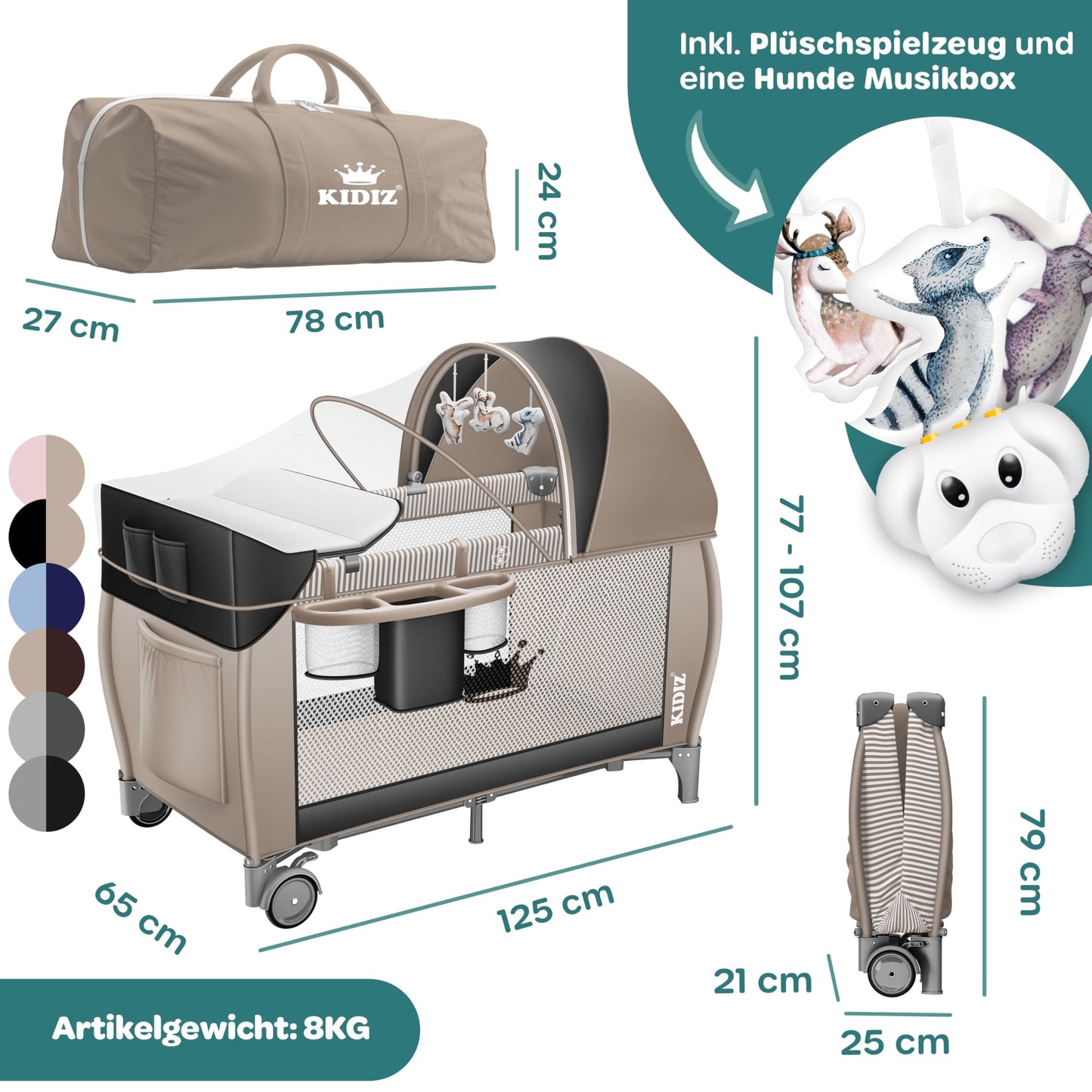 Kidiz Babybett, Reisebett, faltbar mit Matratze und Rollen, 120 x 60 cm, Seiteneingang 
