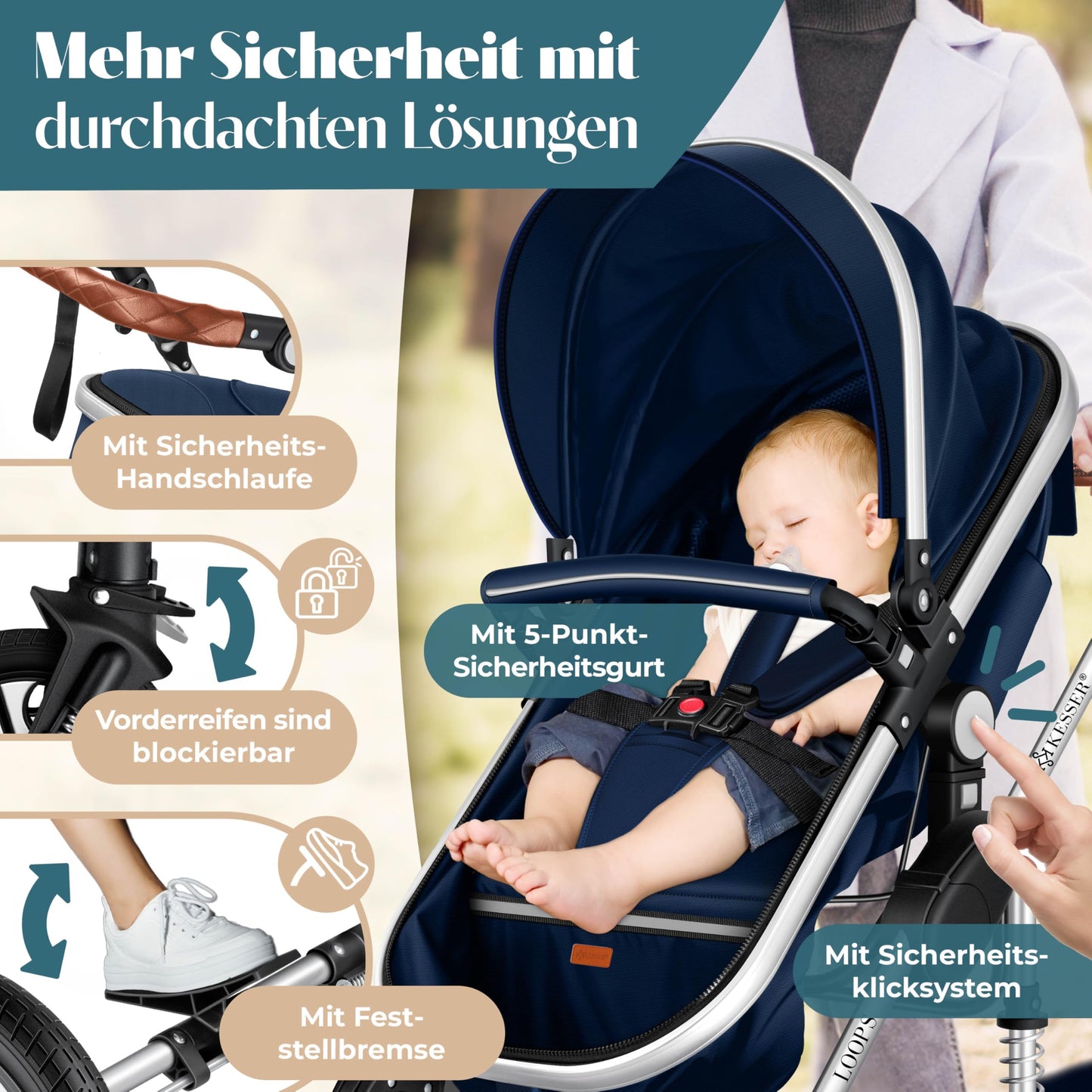 Kesser® Loops 3-in-1 Kombi-Kinderwagen, Komplettset inklusive Babywanne, Buggy-Sportsitz und Babyschale, Vollgummireifen 