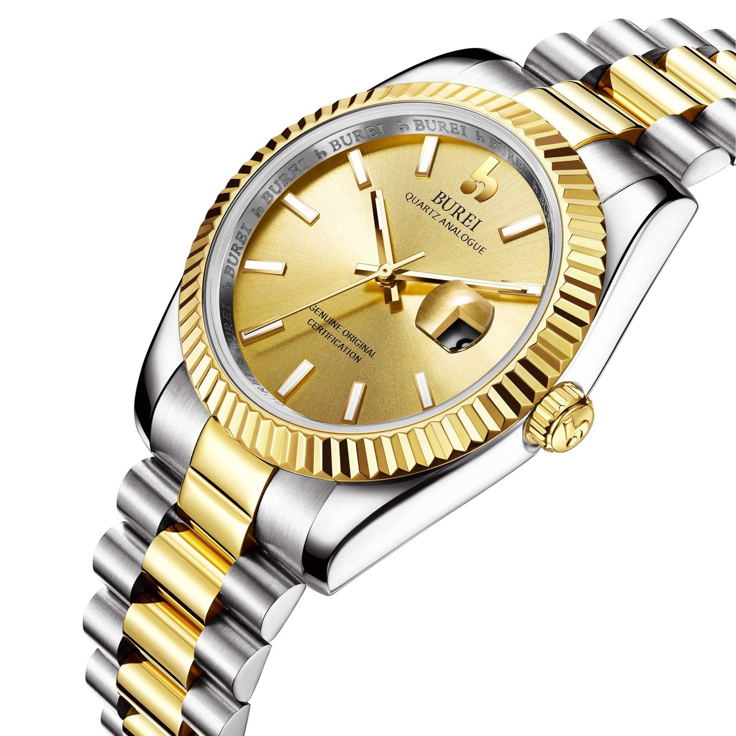 BUREI Herren Uhren Quarz Armbanduhr Datumsanzeige Saphirglas Objektiv mit Zwei Tönen Edelstahlband