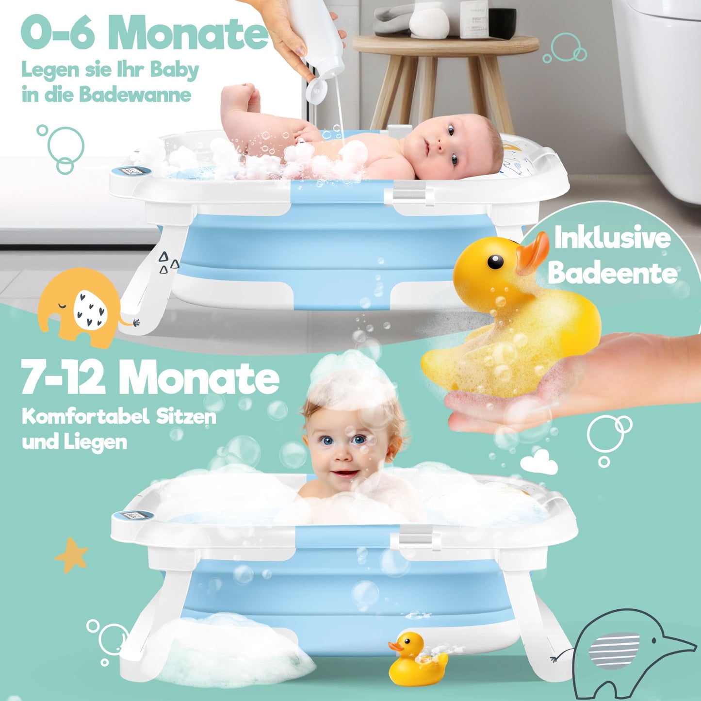 Babybadewanne | Babywanne platzsparend &amp; faltbar mit Thermostat &amp; Kissen 