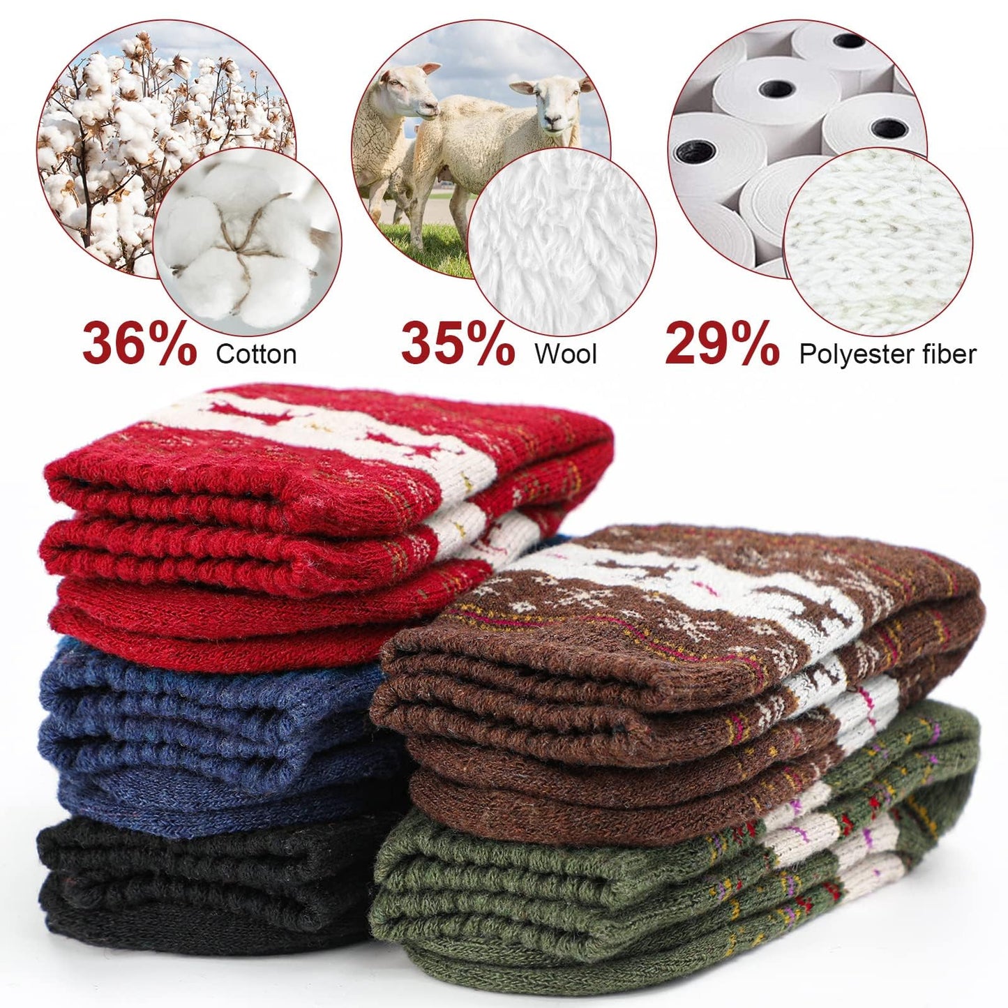 Airabc 5 Paar Damen-Thermosocken, warme Wintersocken, farbenfroh, kuschelig und atmungsaktiv 