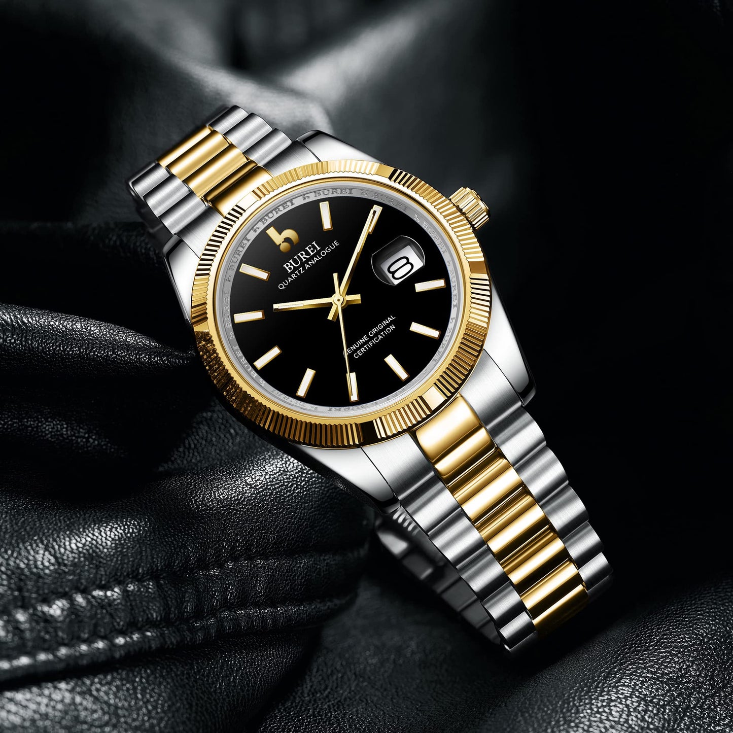 BUREI Herren Uhren Quarz Armbanduhr Datumsanzeige Saphirglas Objektiv mit Zwei Tönen Edelstahlband