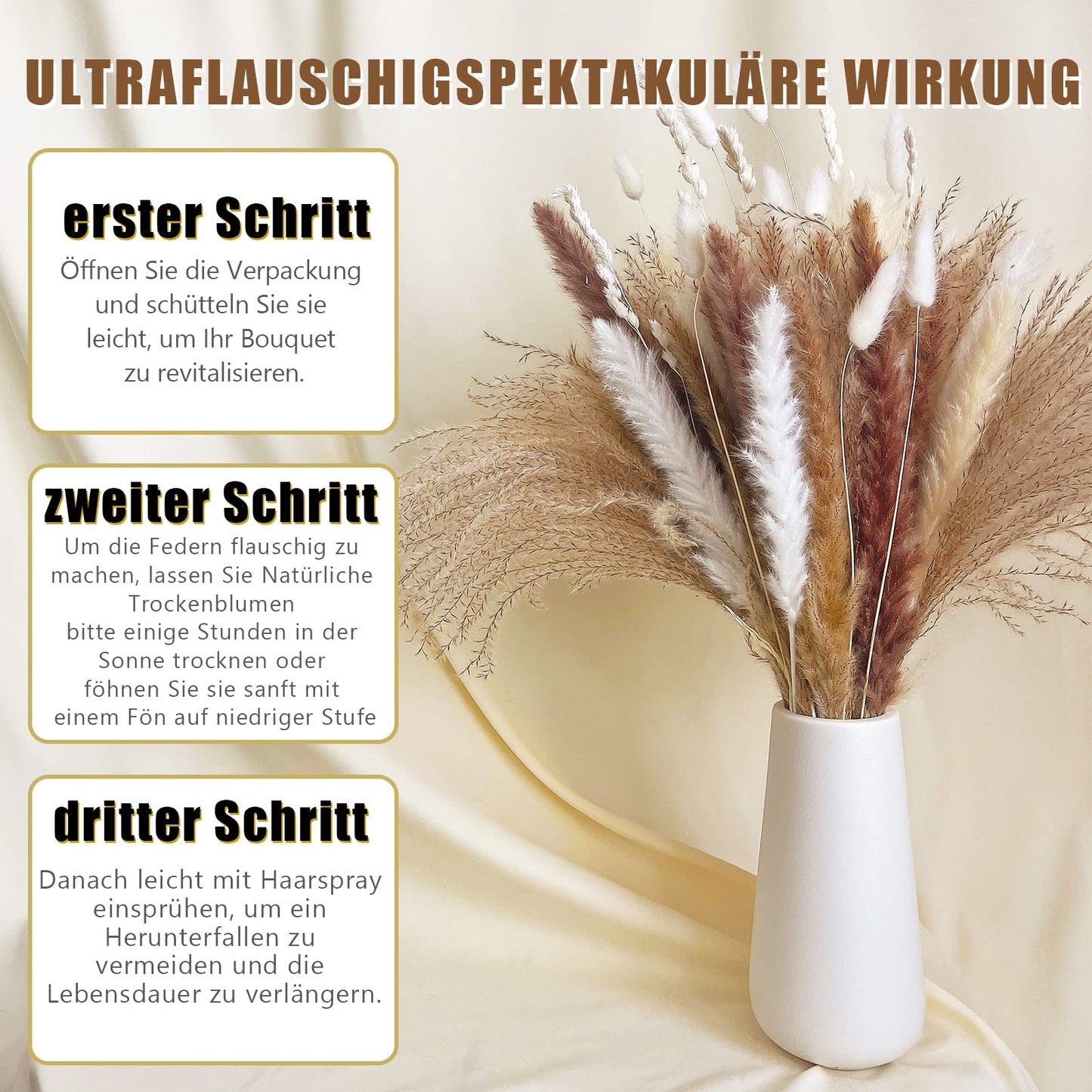 Getrocknetes Pampasgras, 60 Stück, natürliche Trockenblumen zur Dekoration, Schilfblumenstrauß 