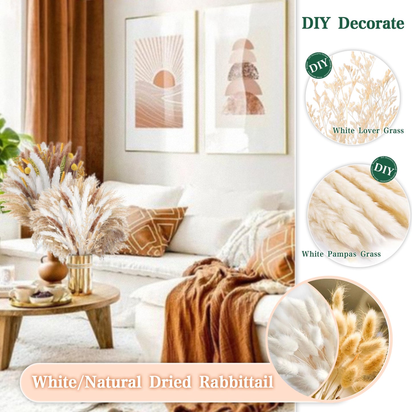 Pampasgras Getrocknet - Natürlich, Braun, Trockenblumen Strauß Dried Flowers, für Heim Decor 