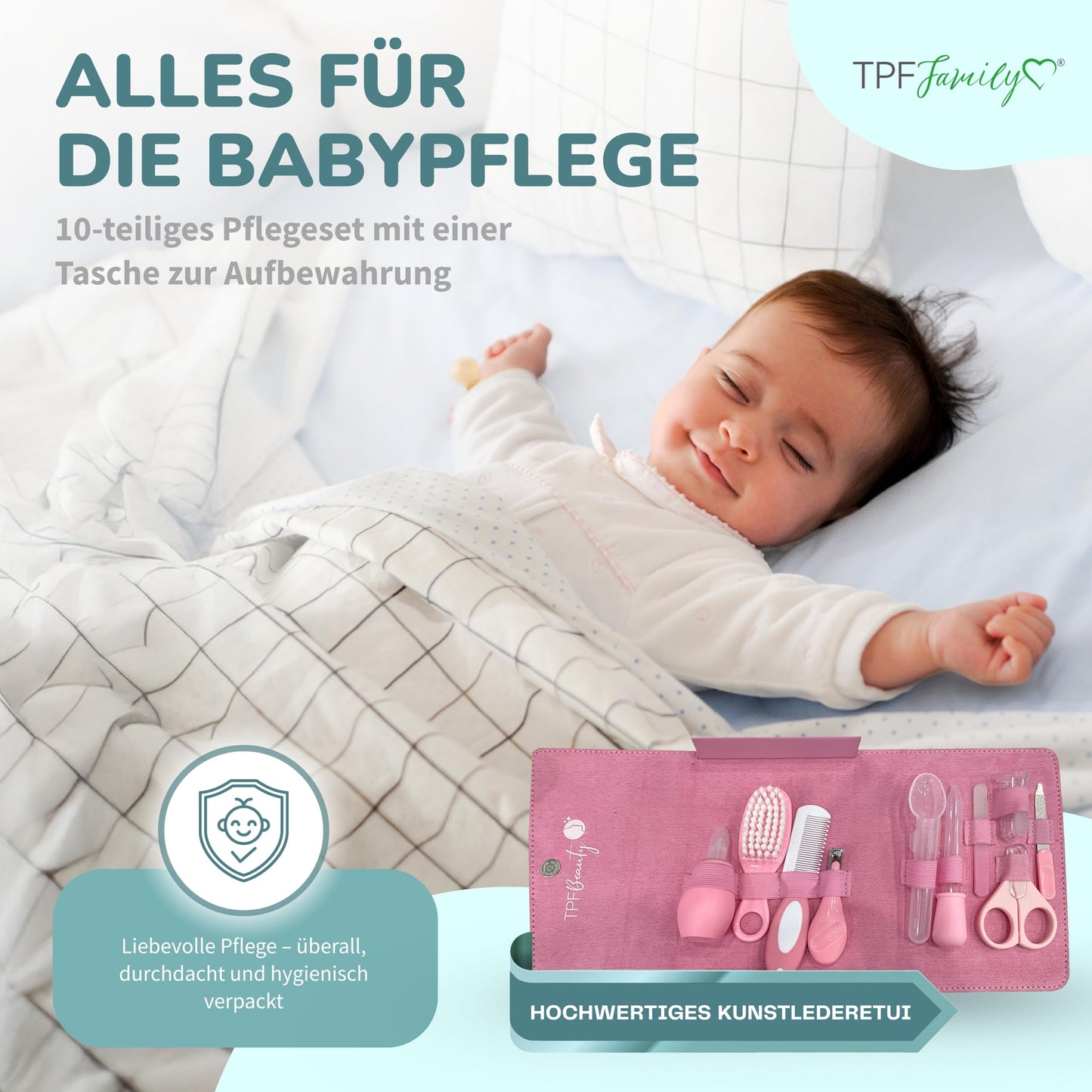 TPFFamily Babypflegeset für Neugeborene (Rosa) – 10-teiliges Set mit hochwertiger Babynagelschere, Nasensauger, Bürste und mehr – Ideal als erste Ausstattung und für die tägliche Pflege 