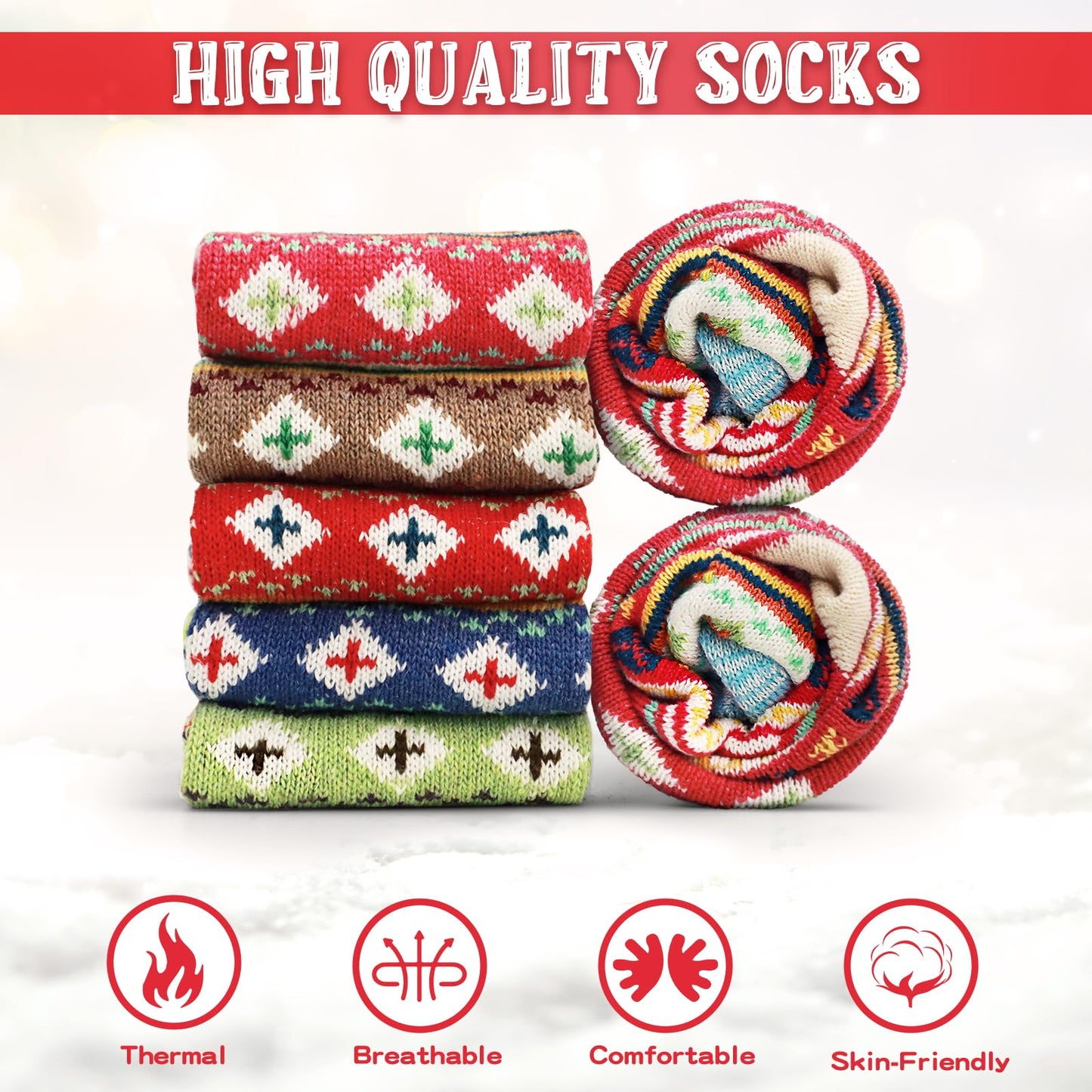 Airabc 5 Paar Damen-Thermosocken, warme Wintersocken, farbenfroh, kuschelig und atmungsaktiv 